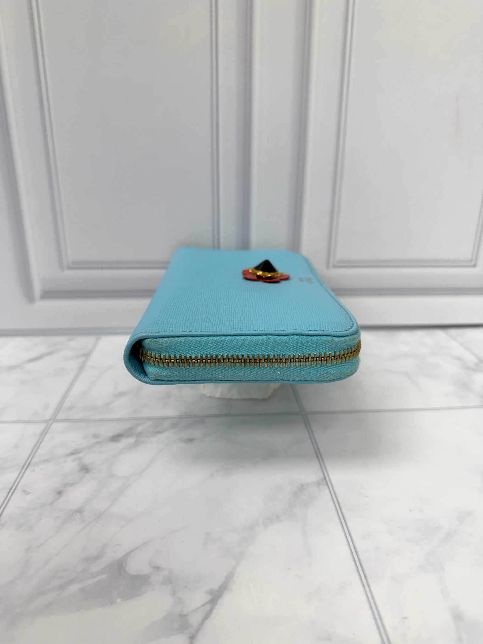 Fendi Light Blue Saffiano Leather Flowerland Zippy Wallet 