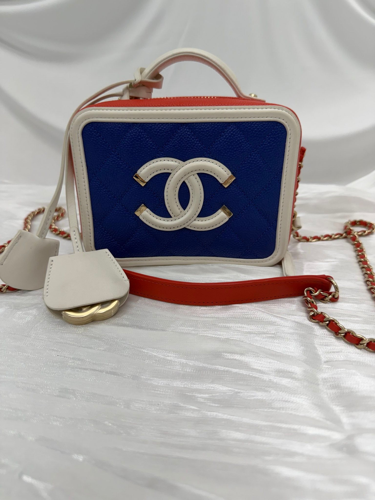 Chanel Red, White Blue Caviar Small Filigree Vanity Case Bag