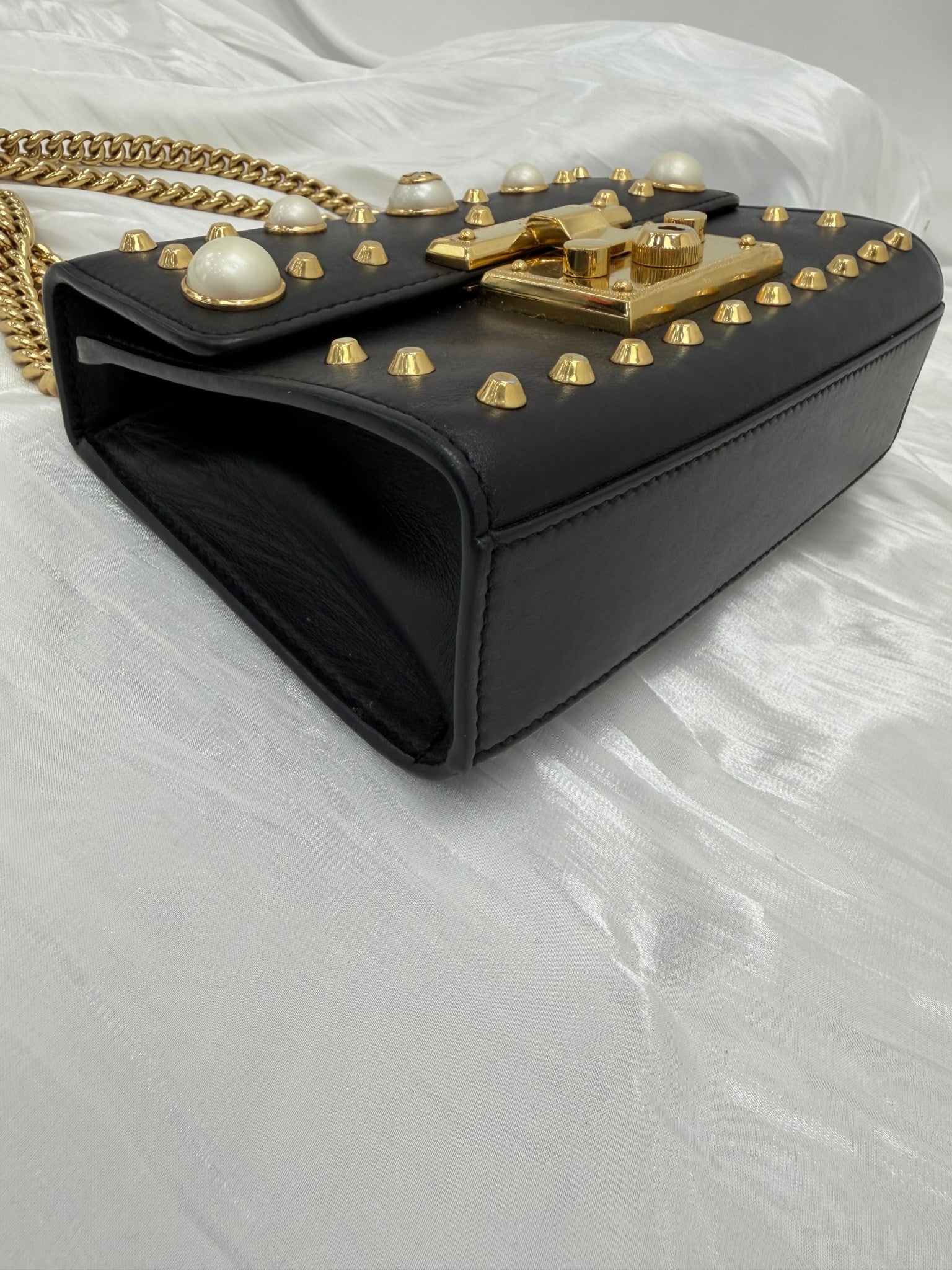Gucci Black Leather Small Studded Pearl Padlock Bag