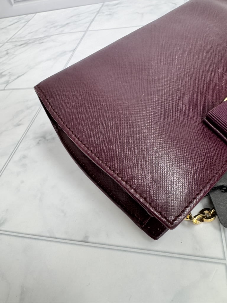 Salvatore Ferragamo Dark Purple Saffiano Leather Vara Bow Mini Chain Shoulder Bag