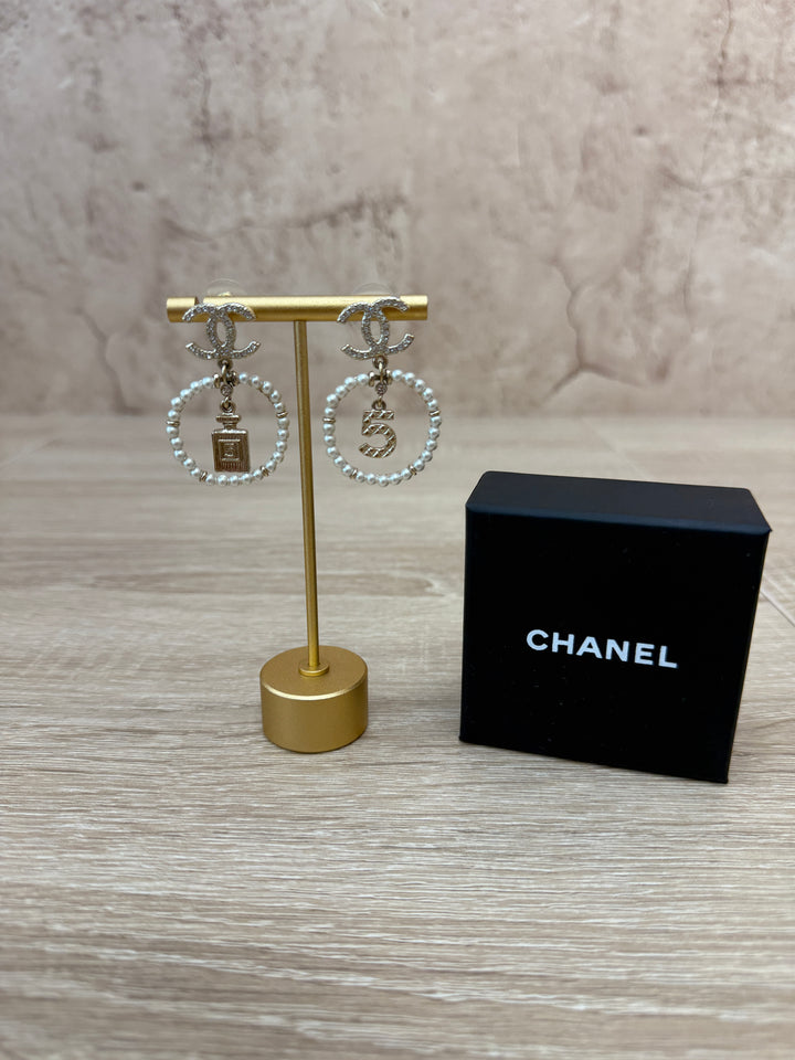 Chanel Crystal Pearl Chanel Charms CC Drop Earrings