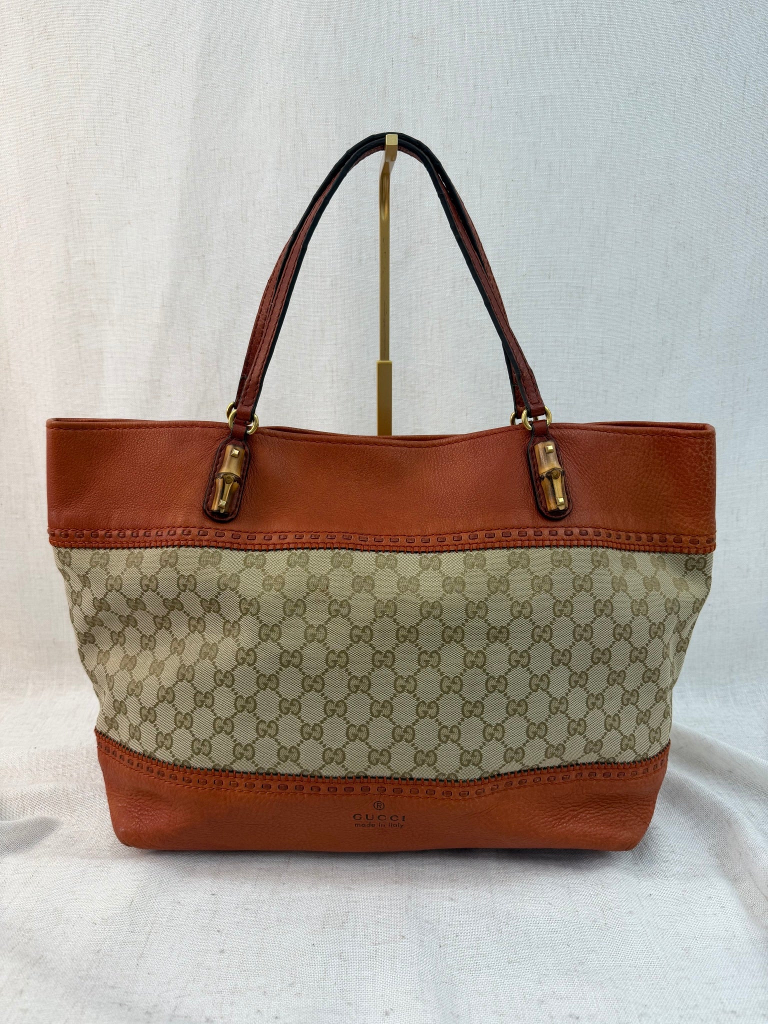Gucci Orange Leather And GG Print Crafty Tote Bag