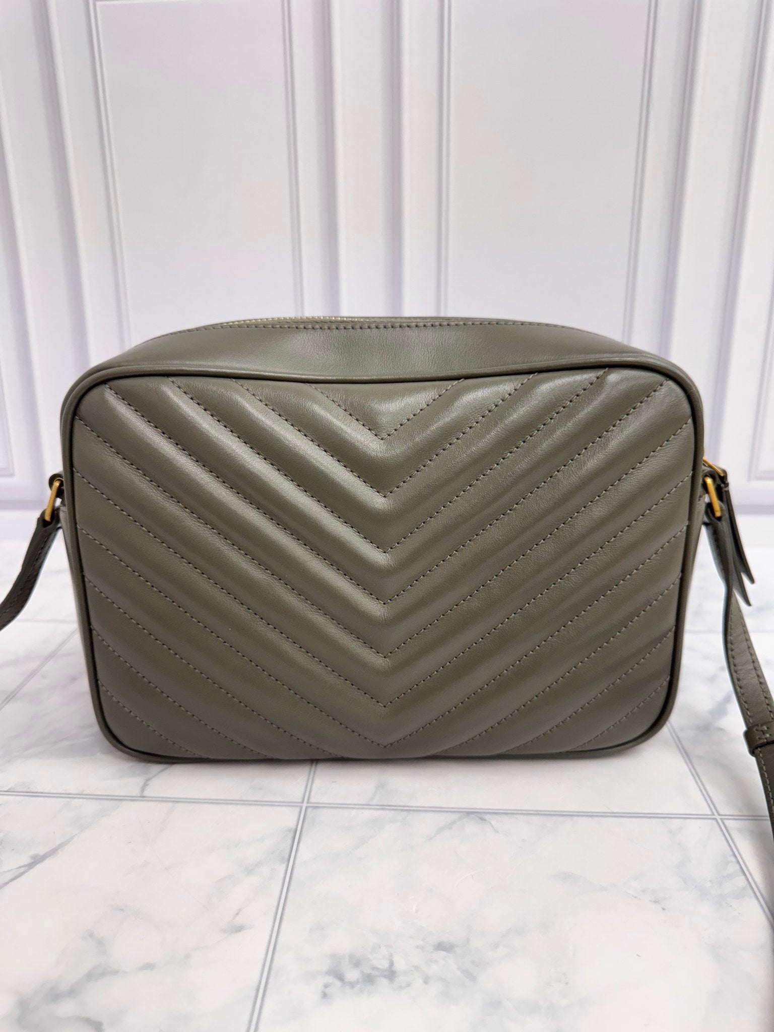 LIKE NEW - Saint Laurent YSL Grey Chevron Quilted Leather Lou Camera Bag