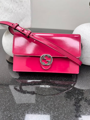 Gucci Fuchsia Patent Leather Interlocking G Dollar Wallet On A Strap
