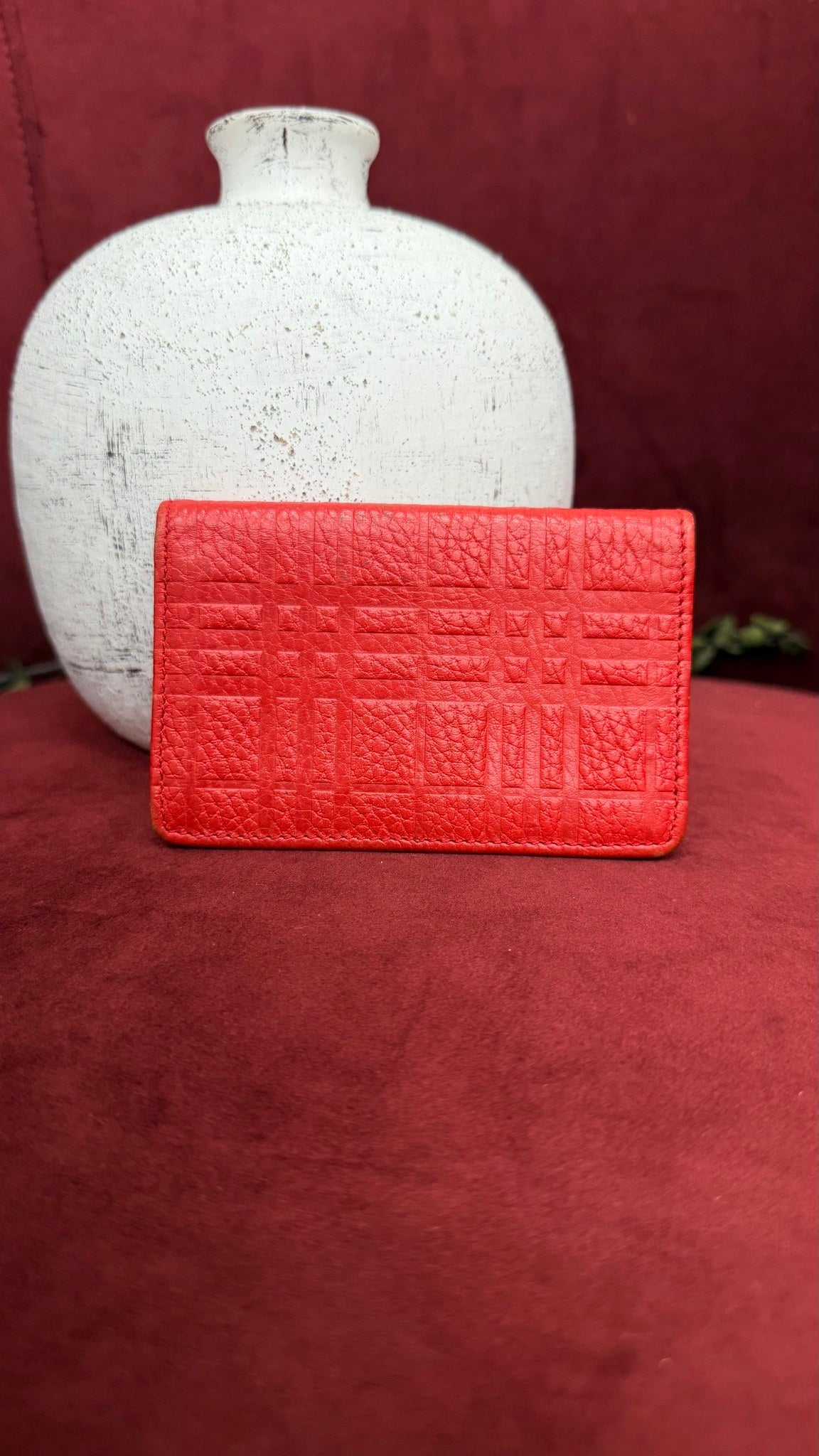 Burberry Red Embossed Check Leather Card Case