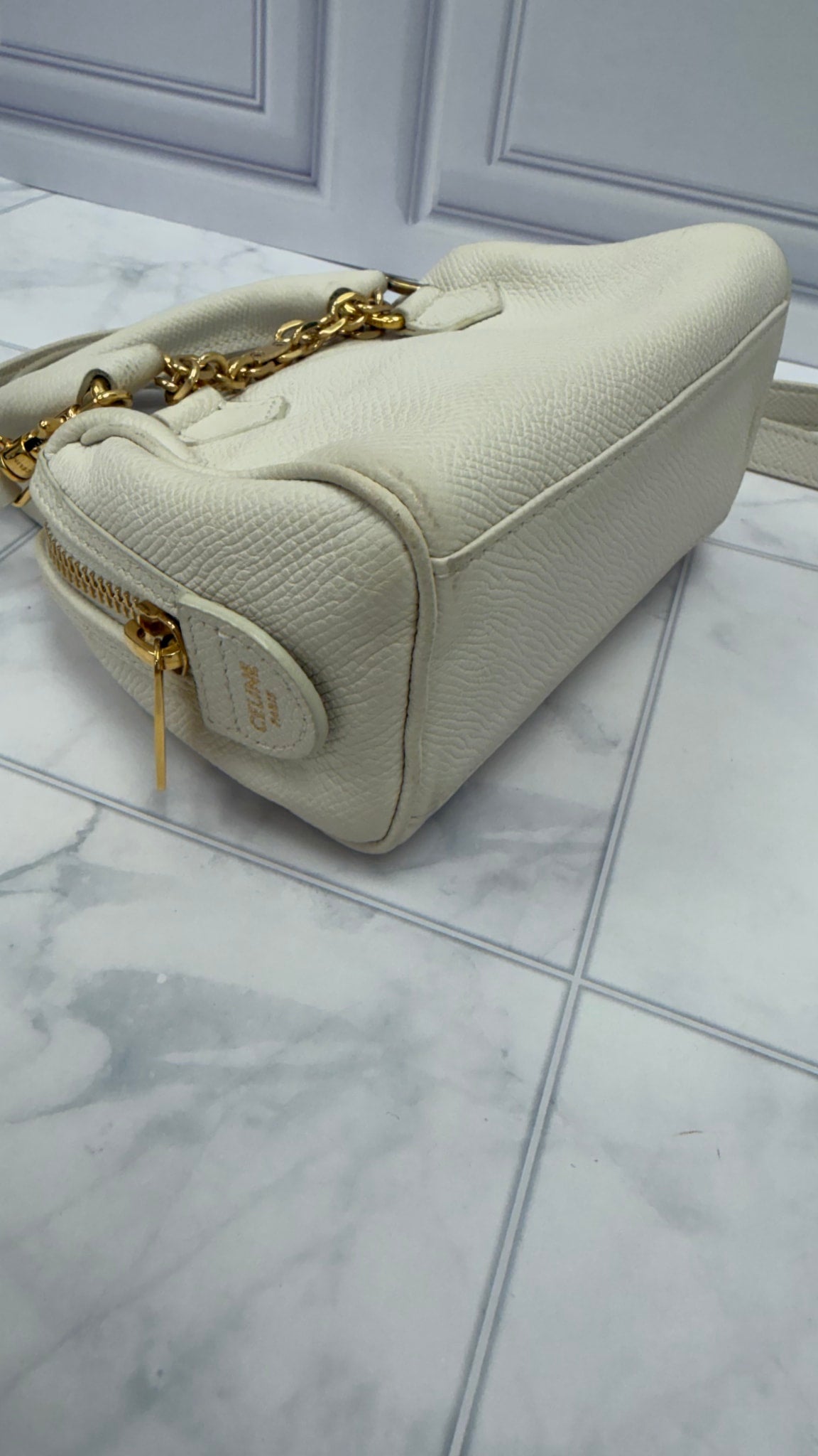 Celine White Grained Calfskin Mini Boston Bag