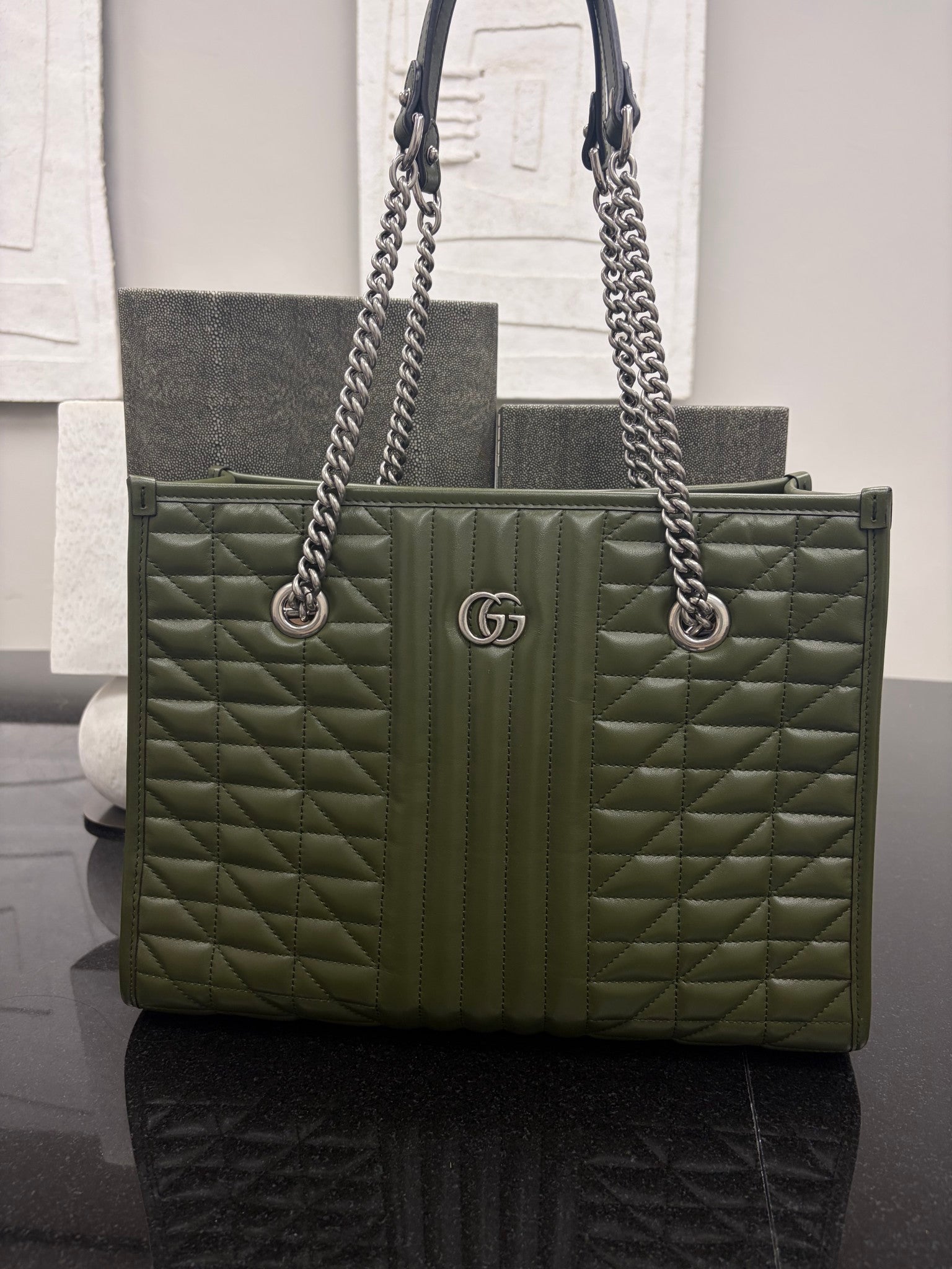 Gucci Green Leather Marmont Aria Tote