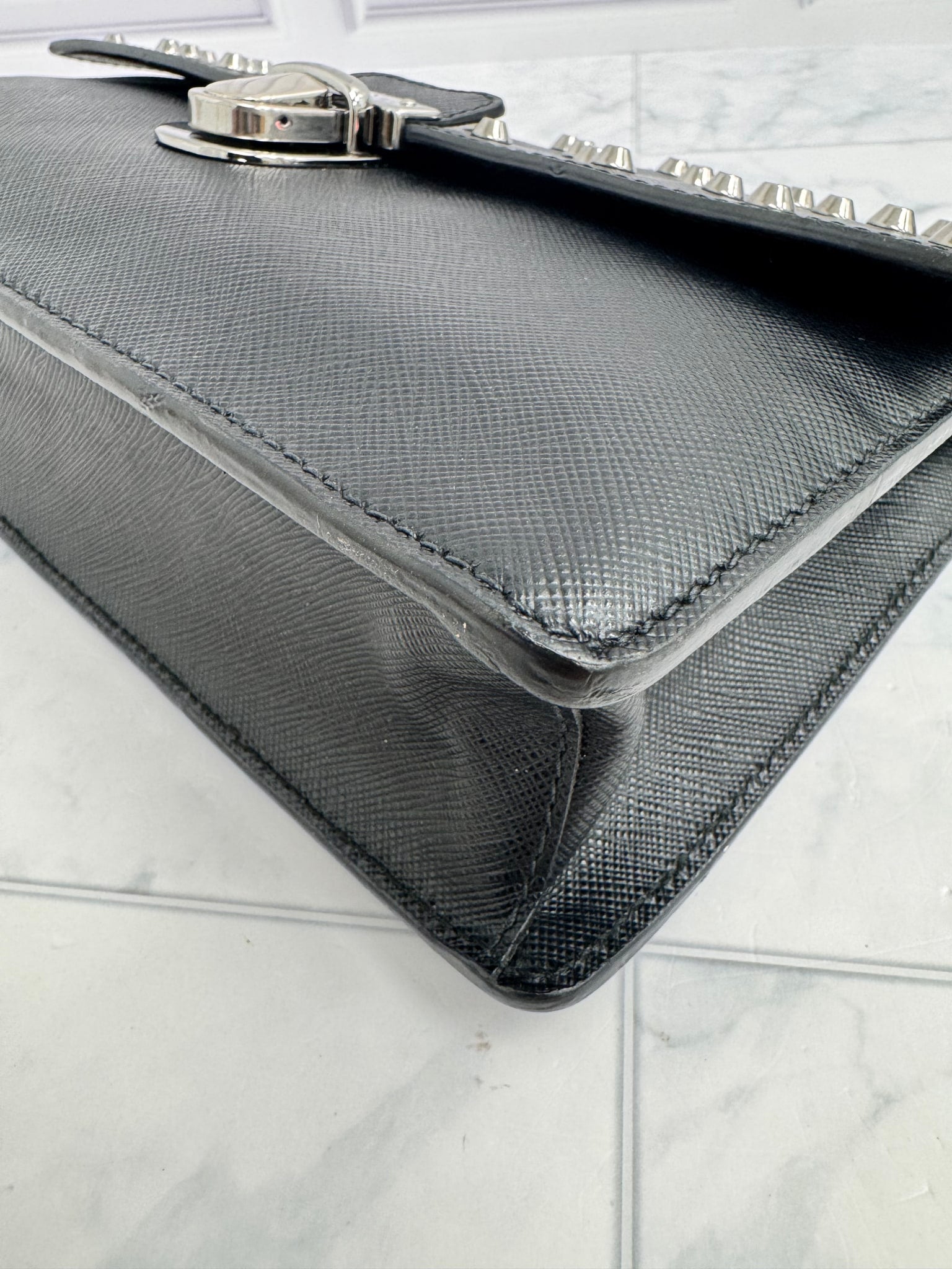 Prada Black Studded Saffiano Leather Clutch Bag