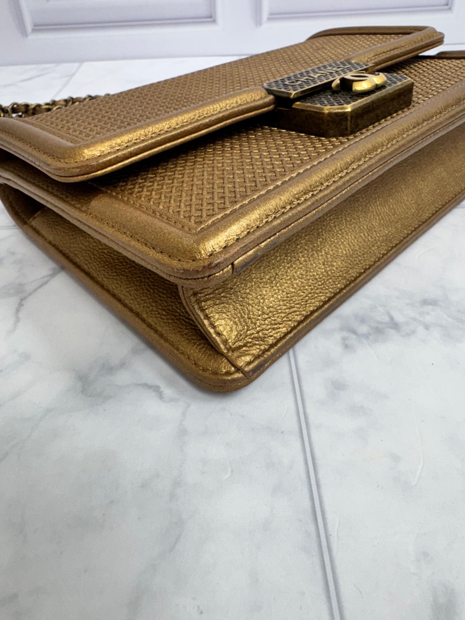 Chanel Gold Woven Texture Small Boy Flap Bag