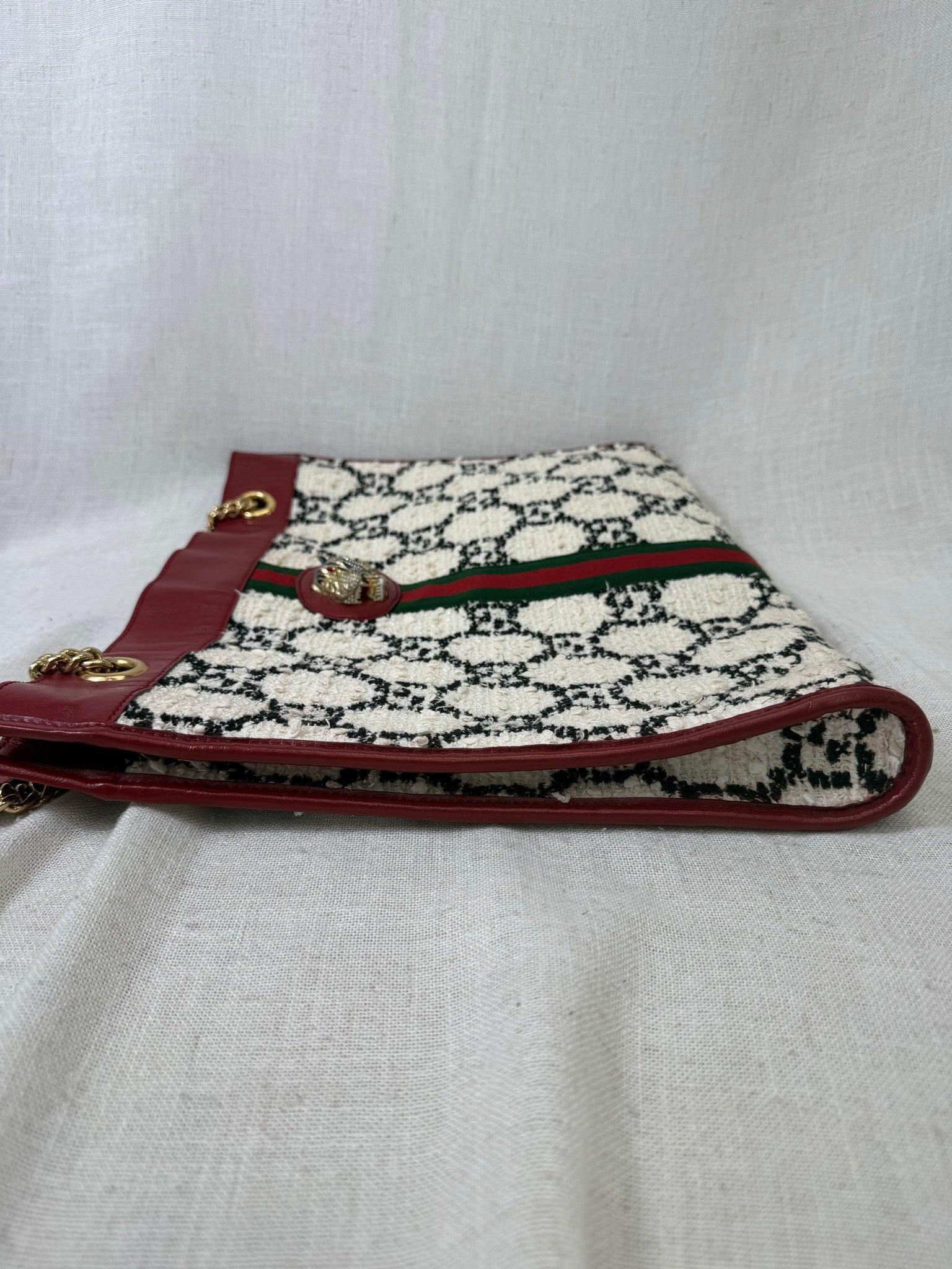 Gucci White Tweed And Red Leather Trim GG Rajah Tote