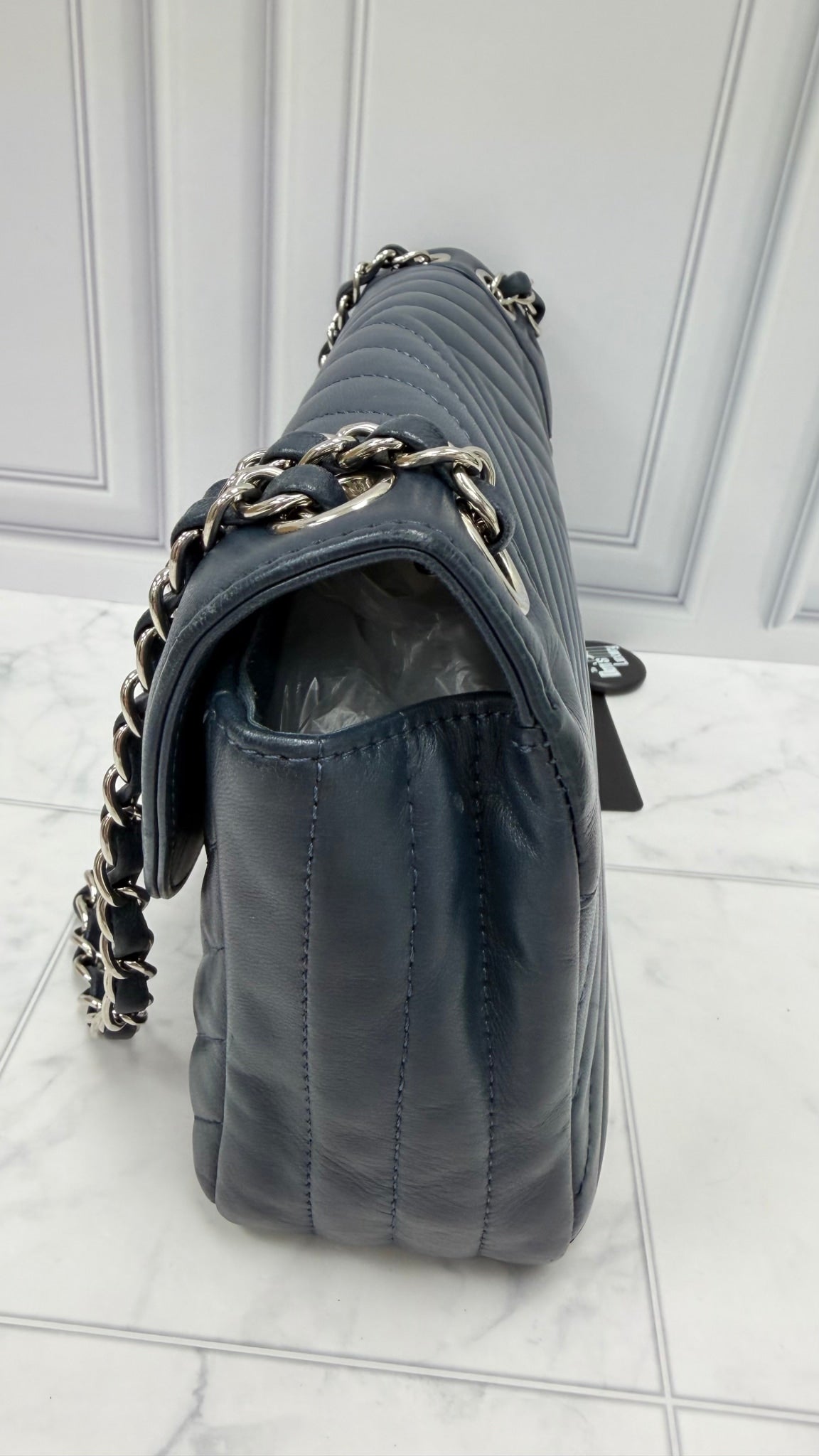 Chanel Navy Chevron Quilted Calfskin Round CC Flap Bag