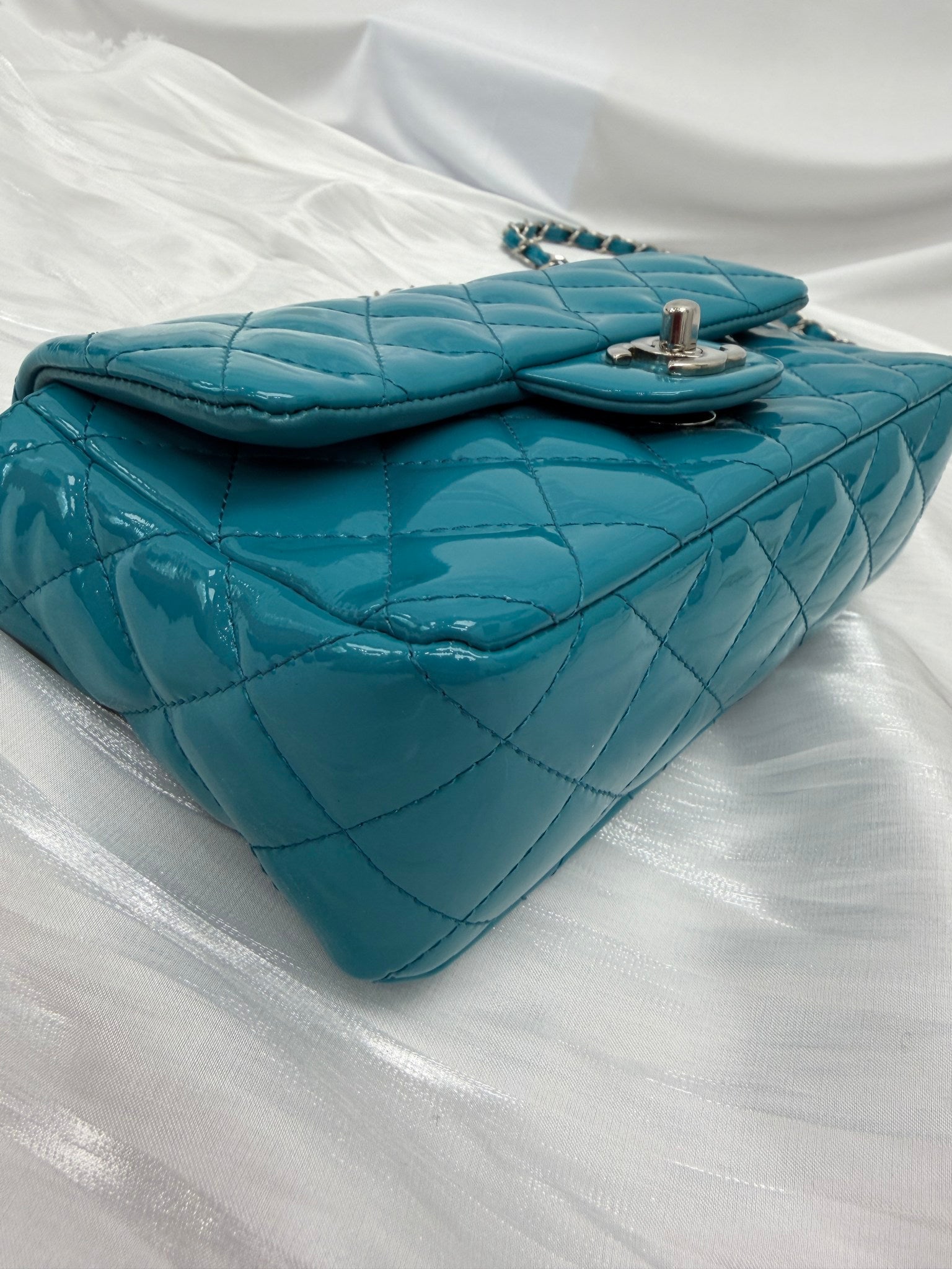 Chanel Teal Quilted Patent Leather Mini Flap Bag