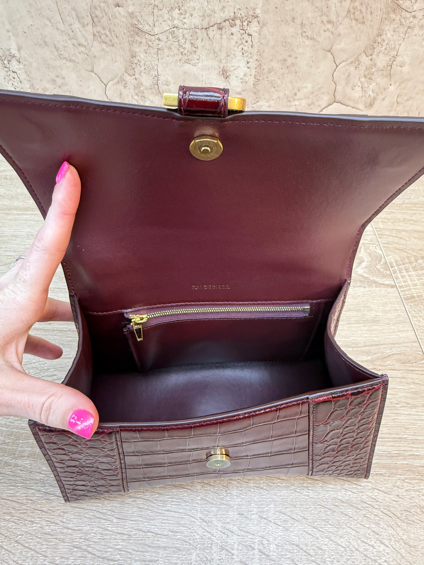 Balenciaga Burgundy Croc Embossed Small Hourglass Top Handle Bag