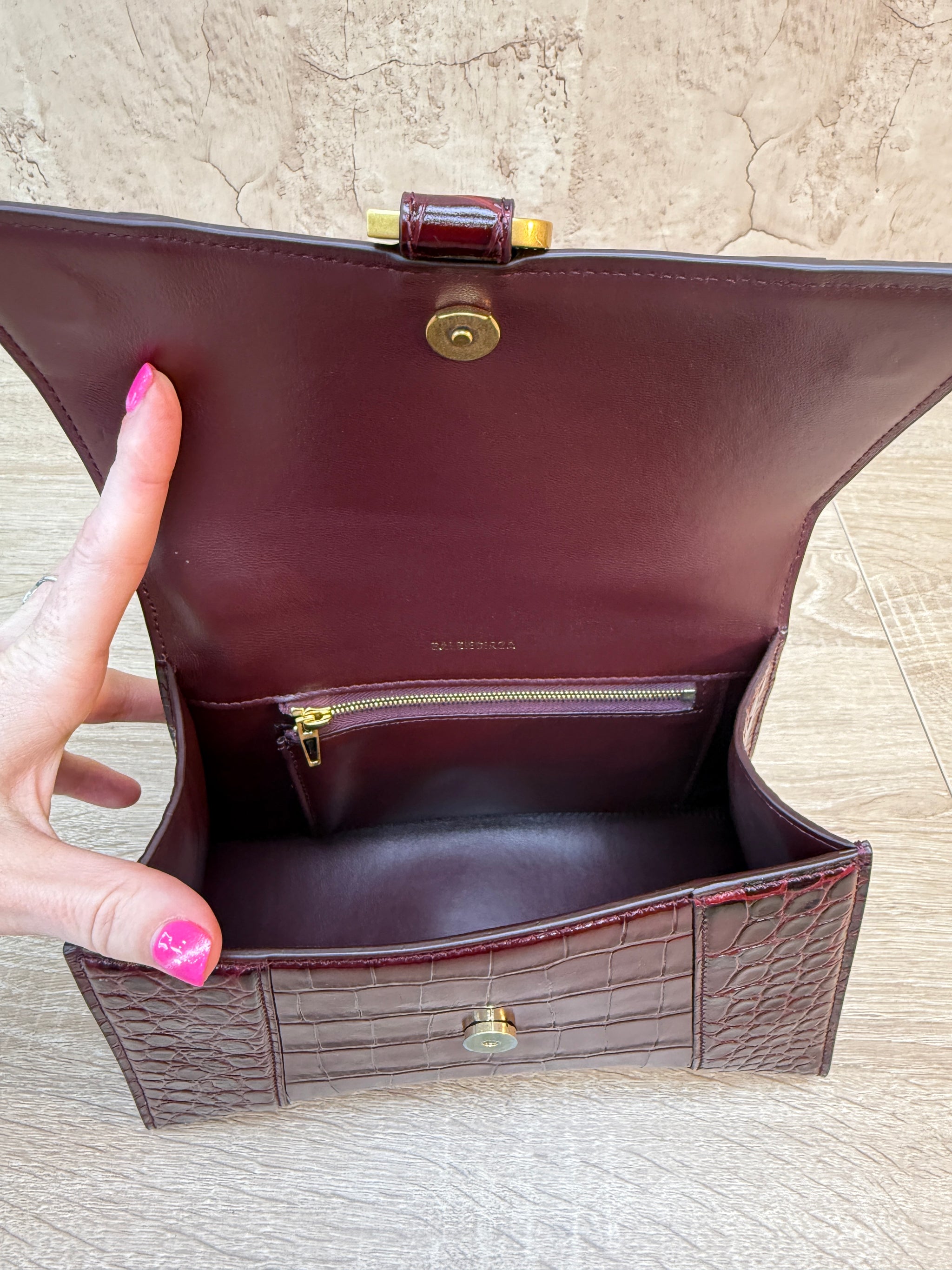 Balenciaga Burgundy Croc Embossed Small Hourglass Top Handle Bag