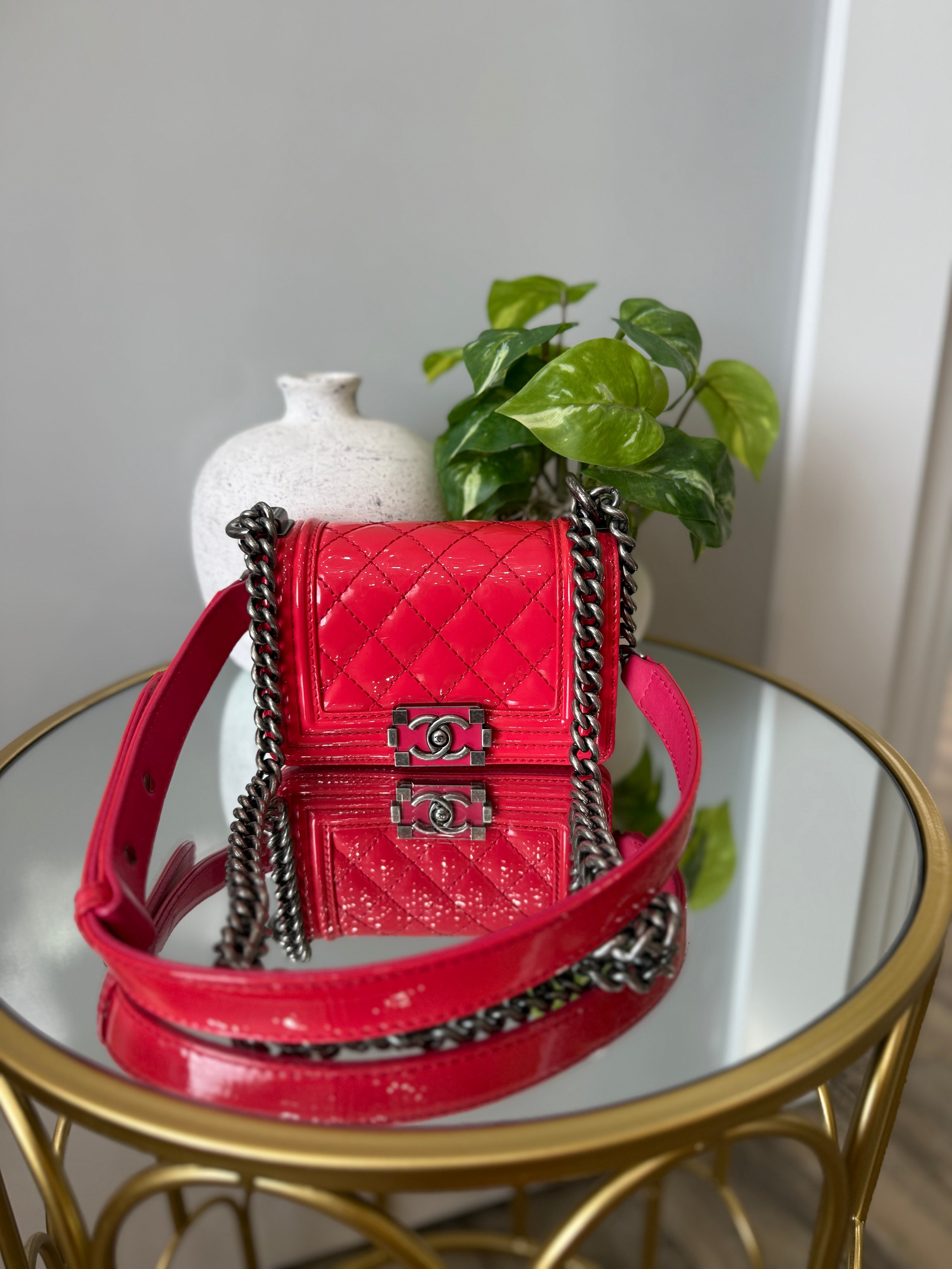 Chanel Pink Quilted Patent Leather Mini Boy Bag