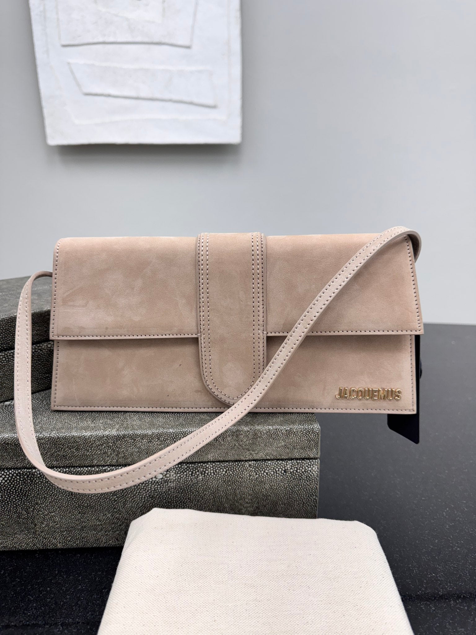 BRAND NEW Jacquemus Beige Suede Le Bambino Long Shoulder Bag