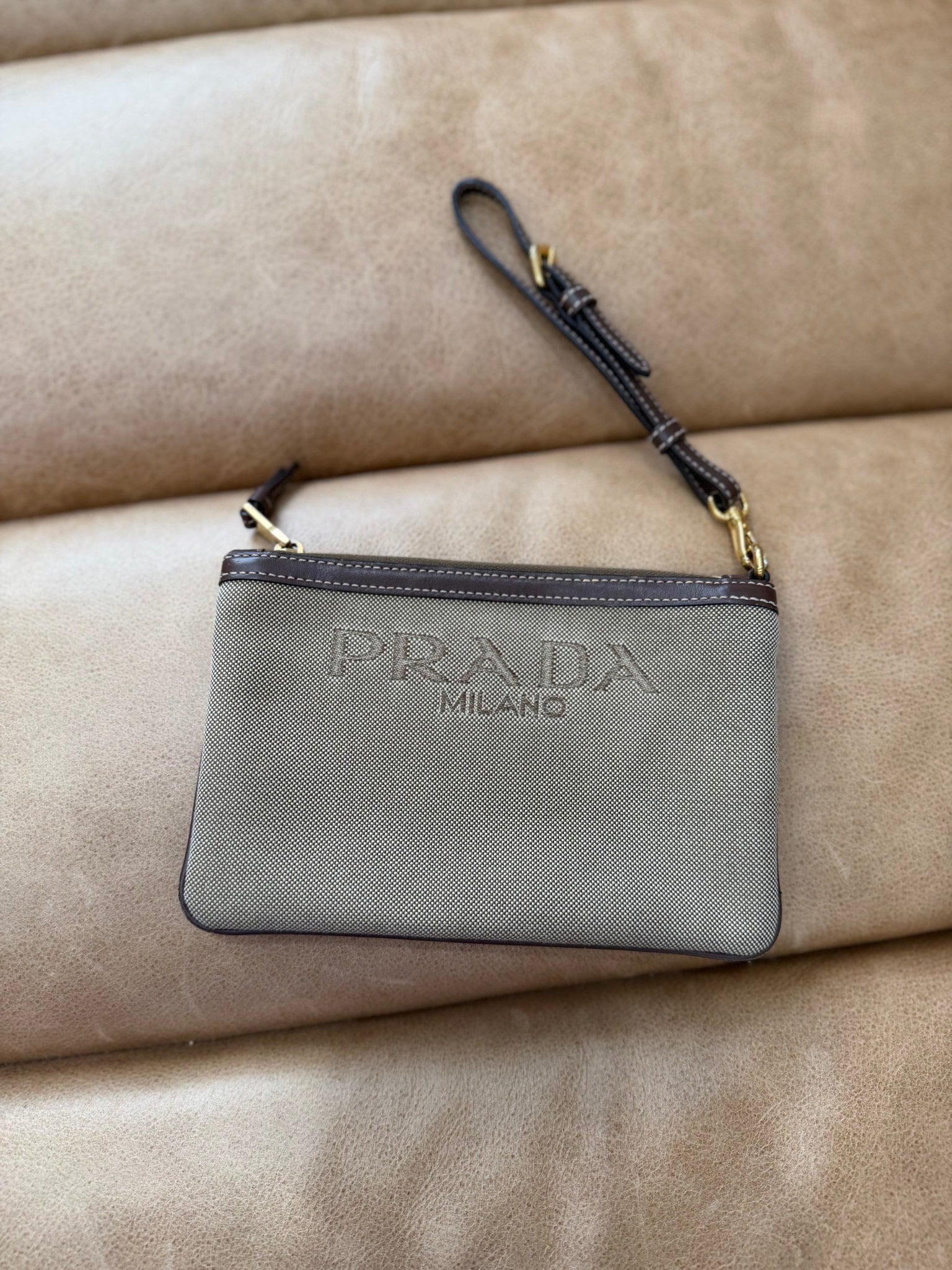 Prada Brown Canvas Canapa Wristlet Pouch