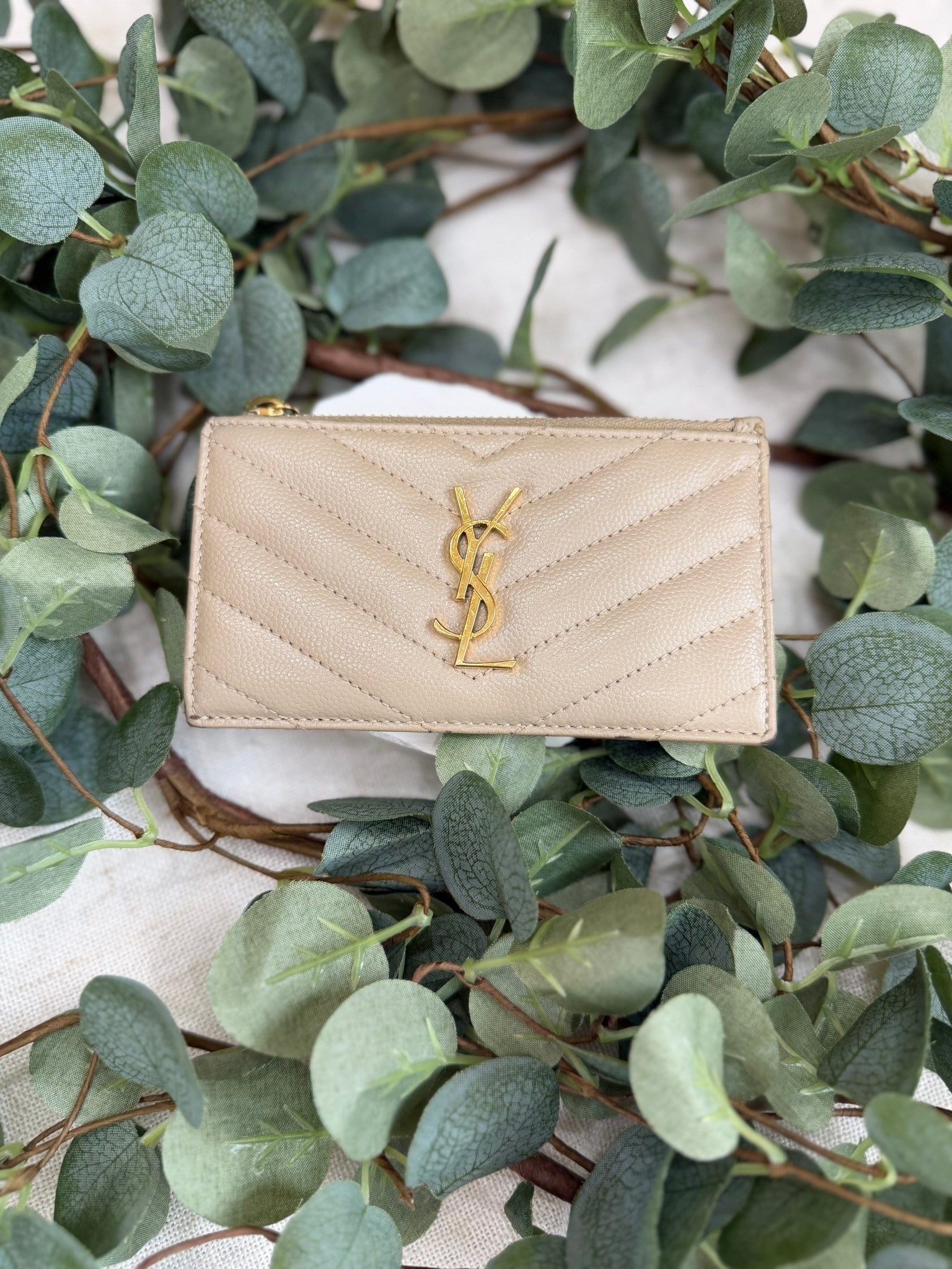 Saint Laurent YSL Beige Zippy Card Case 