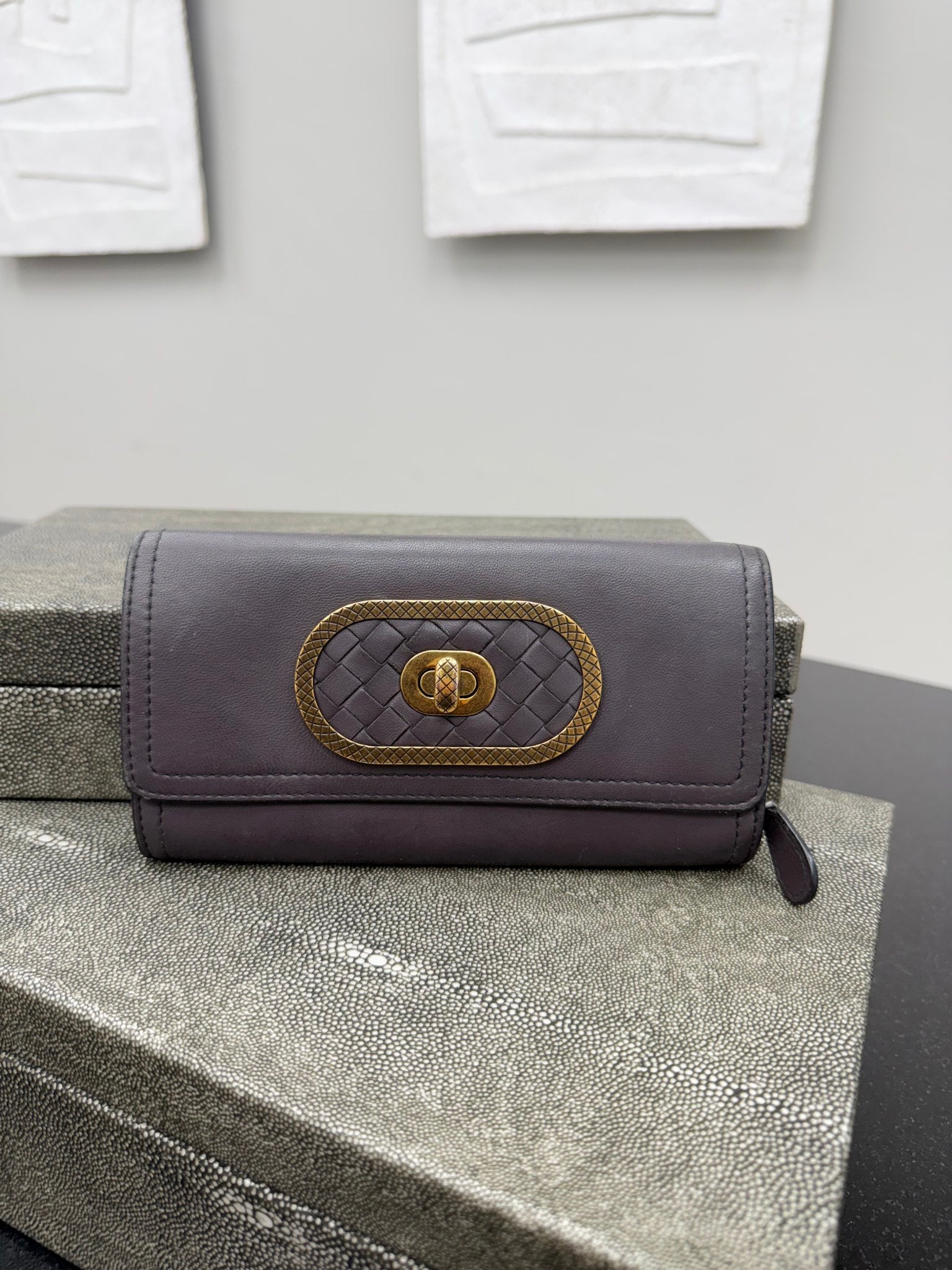 Bottega Veneta Plum Intrecciato Lambskin Leather Turnlock Wallet 