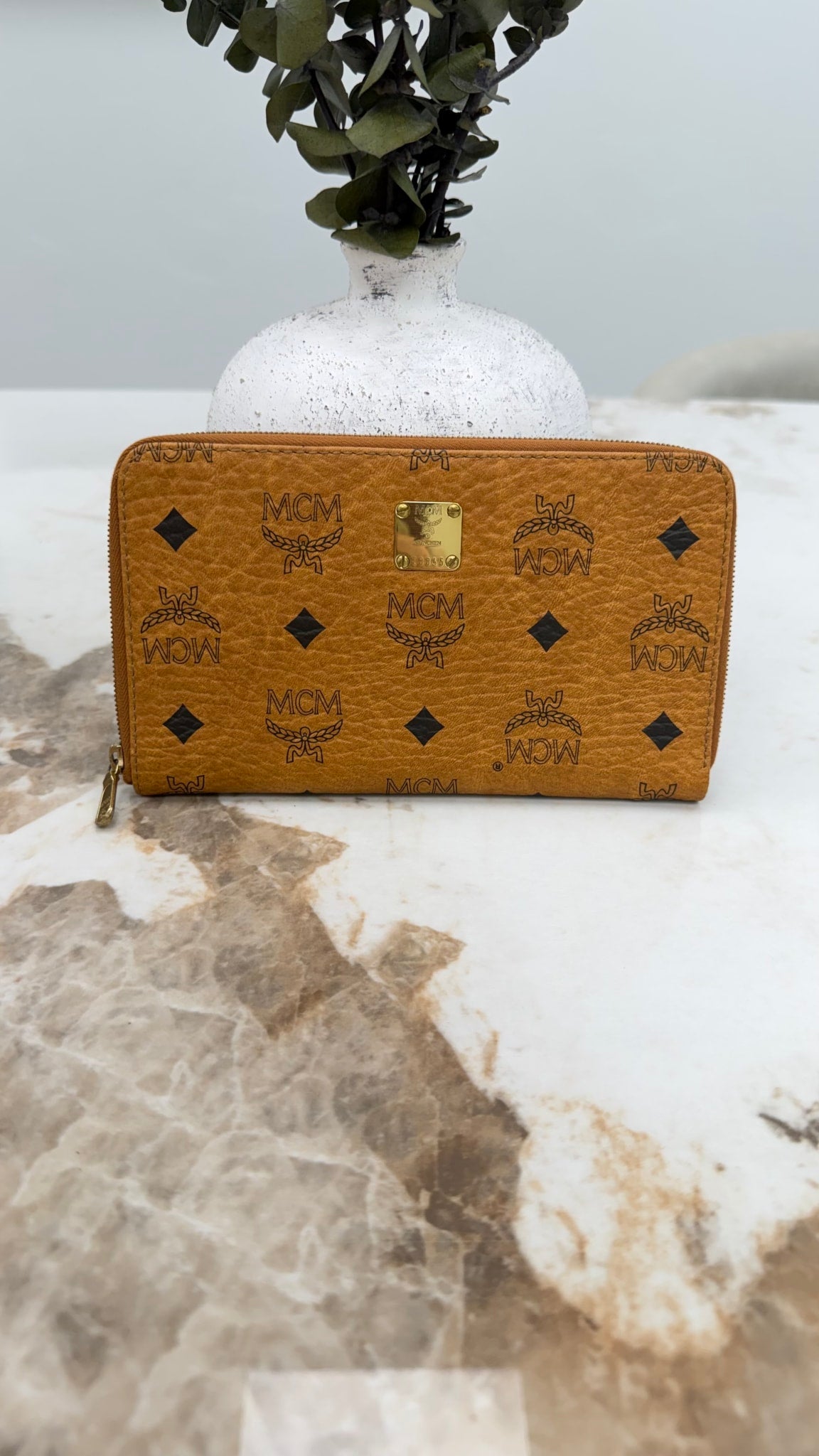 MCM Cognac Visetos Leather Zippy Wallet