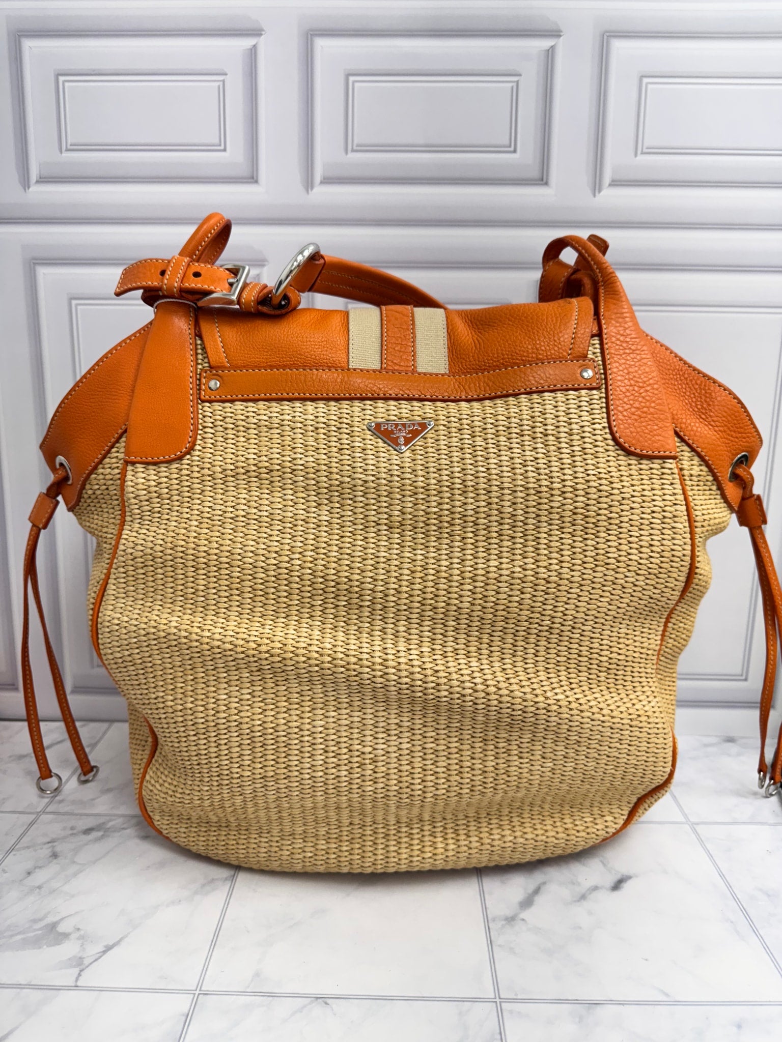 Prada Orange Leather And Raffia Large Shoulder Bag