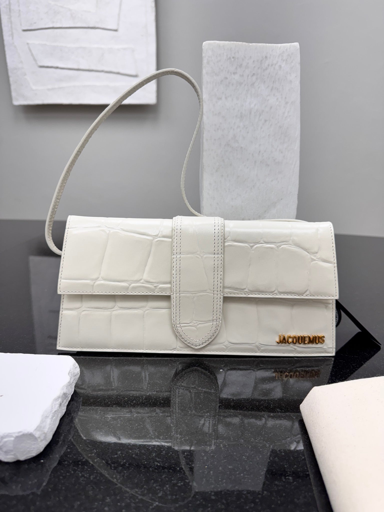 LIKE NEW - Jacquemus White Croc Embossed Leather Le Bambino Long Shoulder Bag