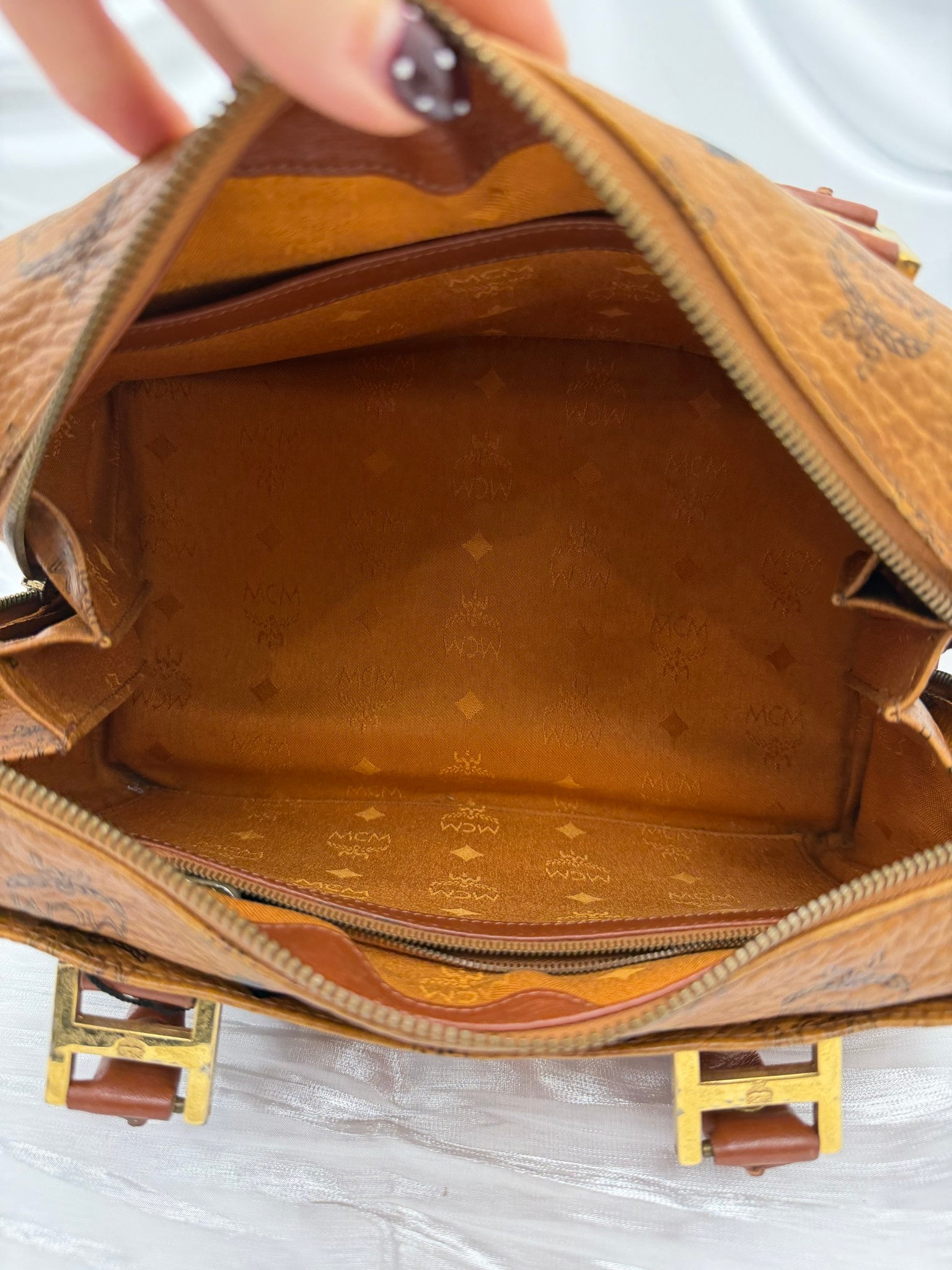 MCM Cognac Visetos Coated Canvas Small Heritage Boston Bag