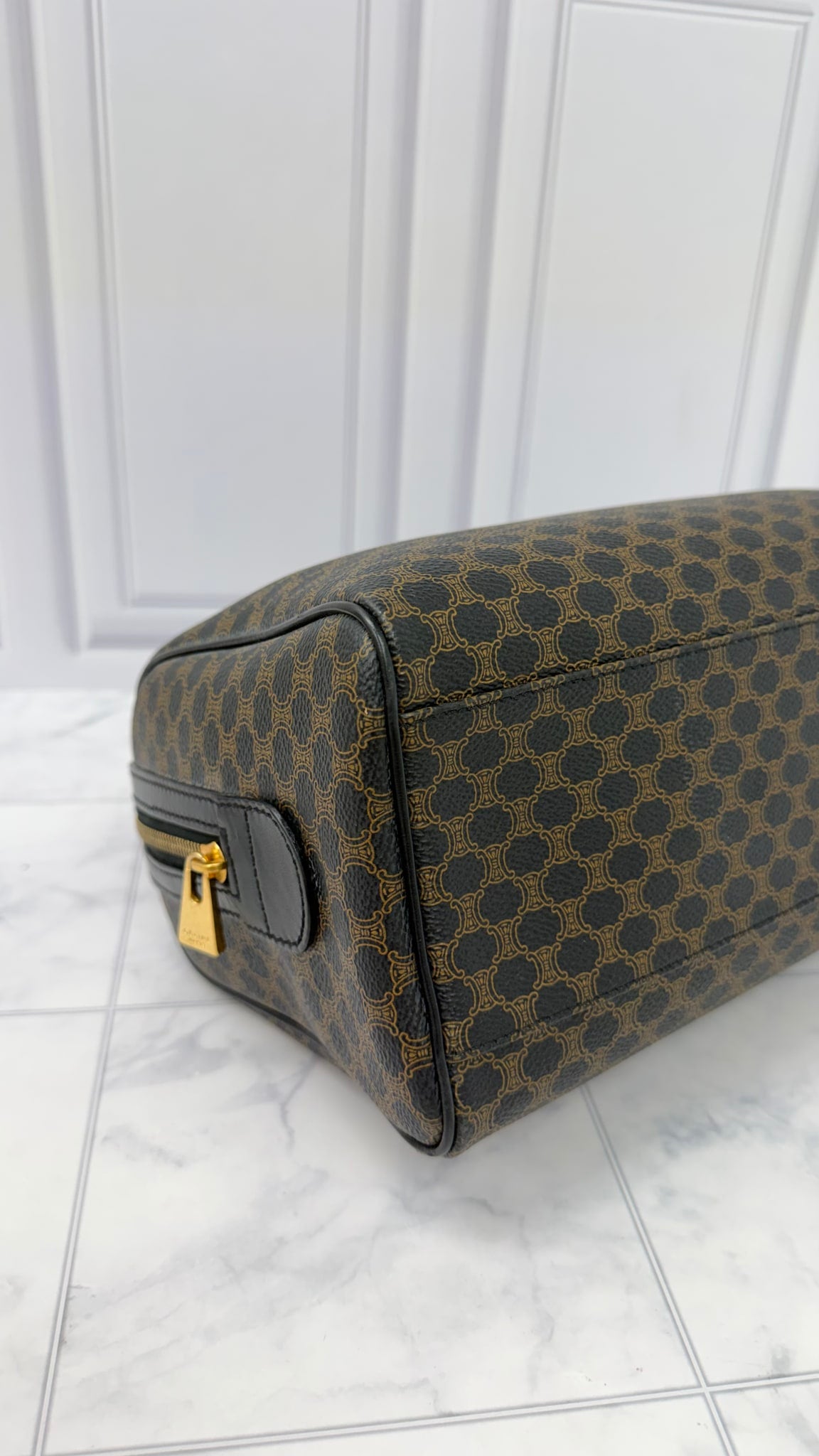 Celine Black Coated Canvas Macadam Boston Bag