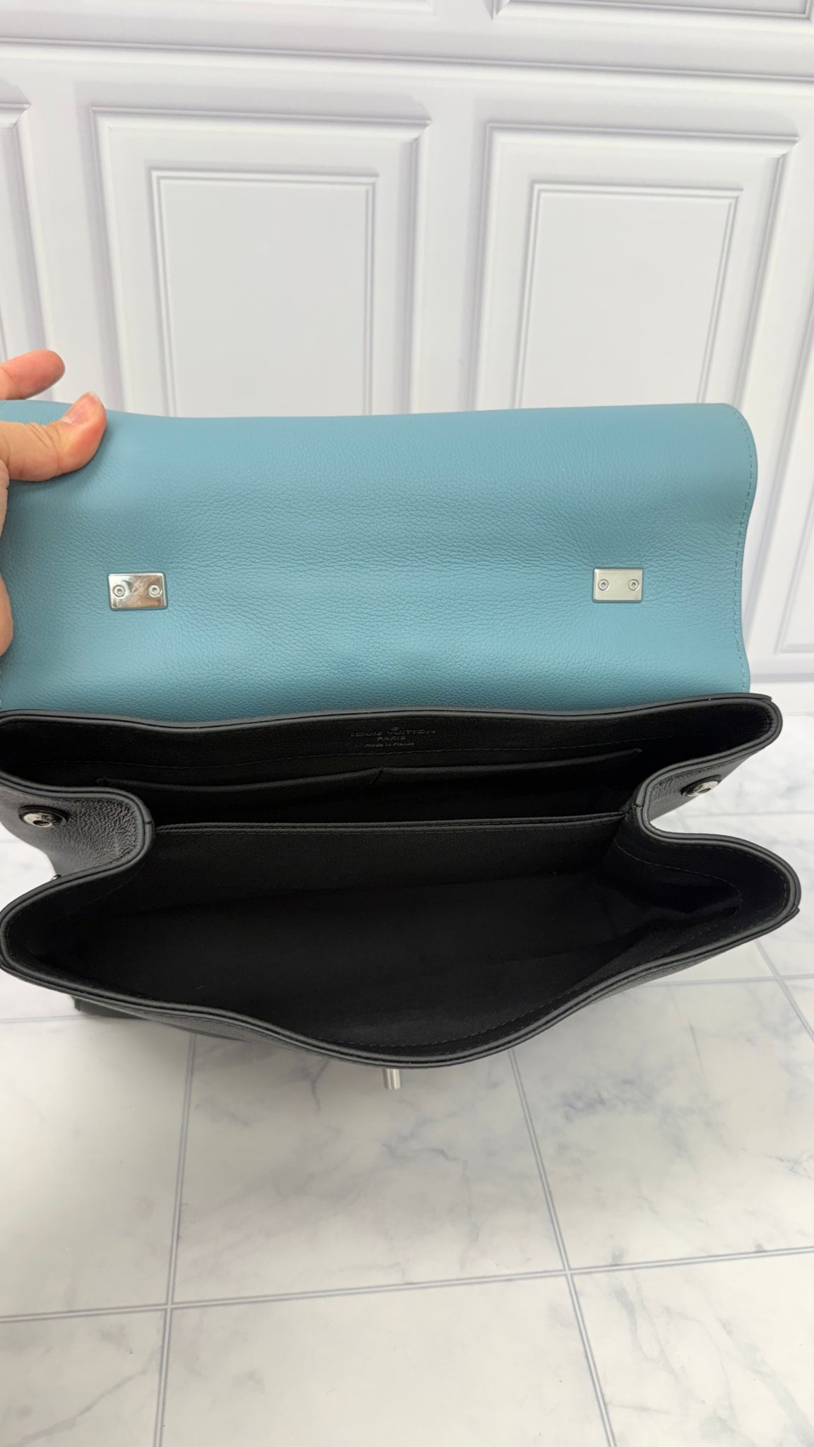 LIKE NEW - Louis Vuitton Black And Dusty Blue Taurillon Leather Lockme II 2Way Handbag 
