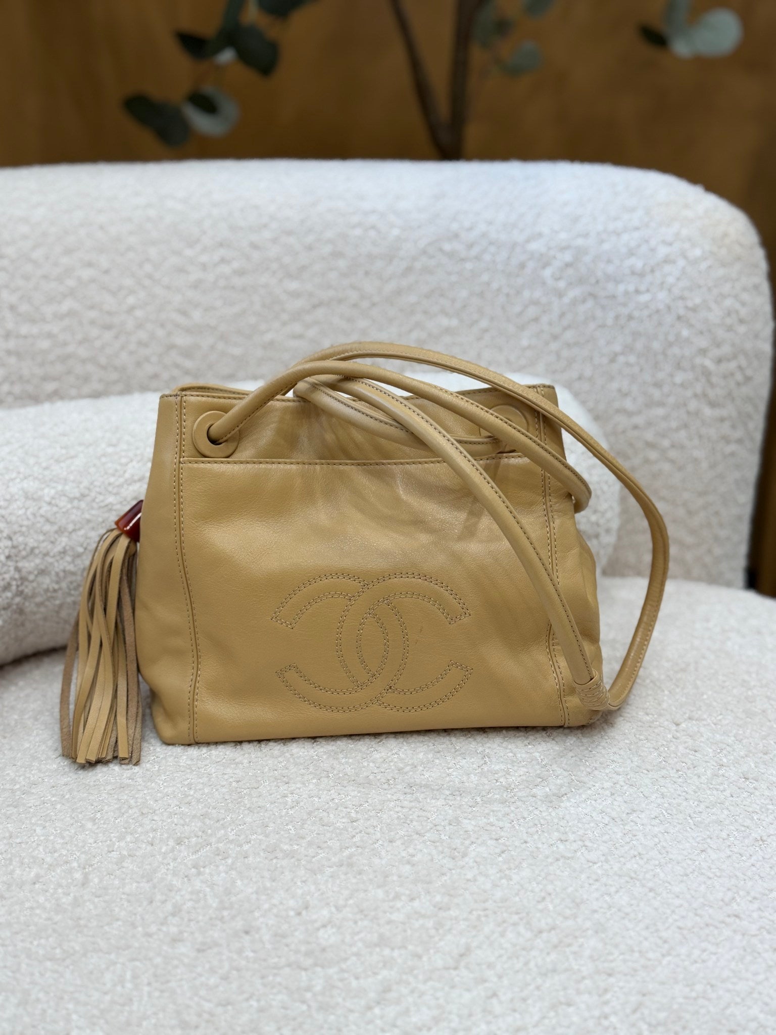 Chanel Tan Lambskin CC Tassel Shoulder Bag