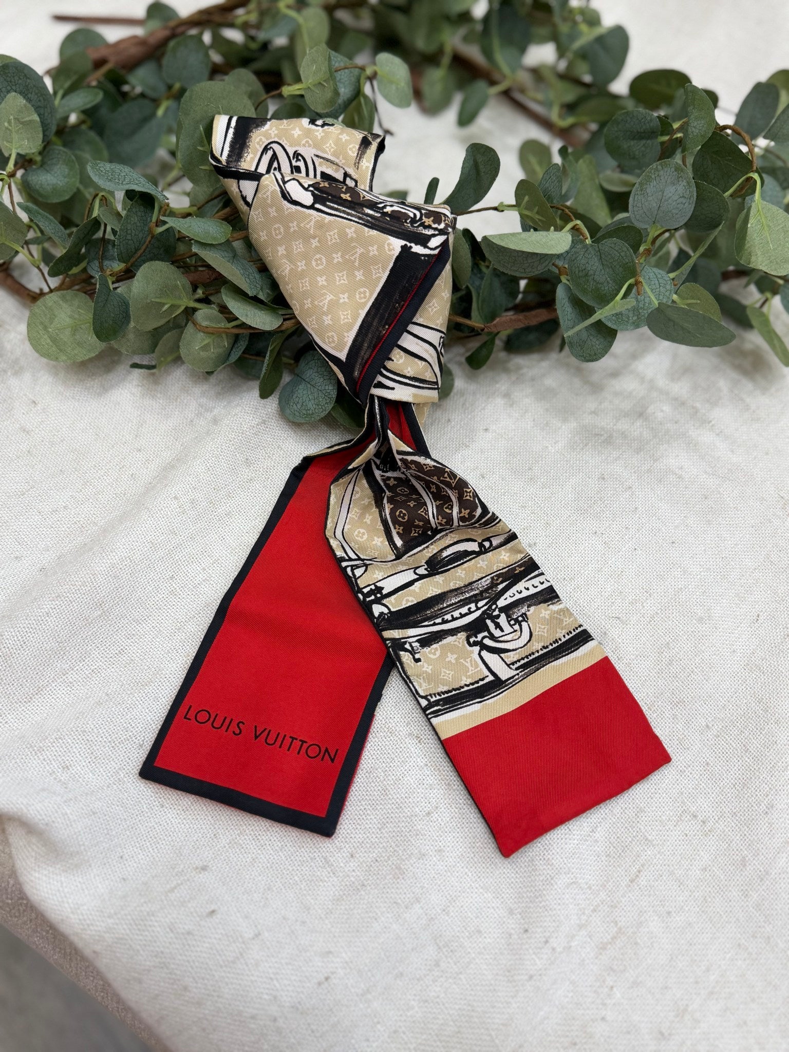 Louis Vuitton Monogram Trunks & Red Silk Twilly 