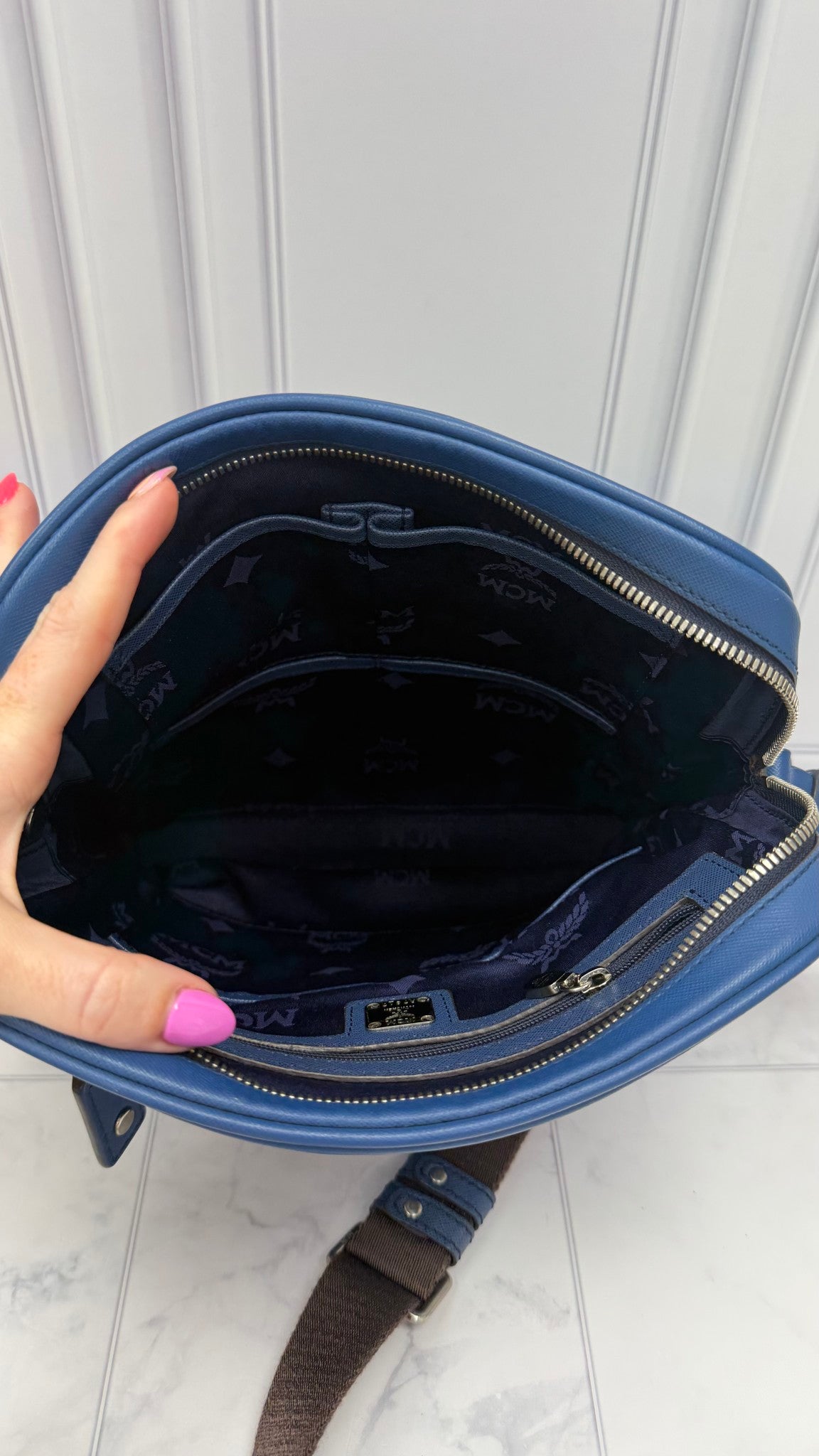 MCM Blue Leather Messenger Bag