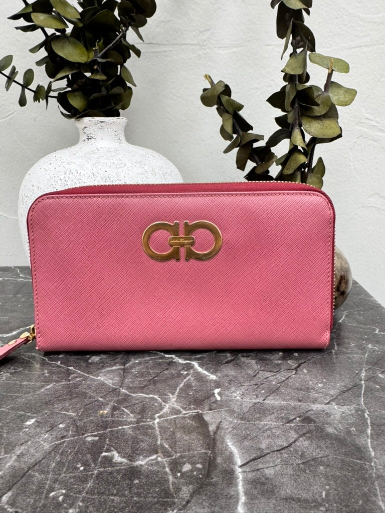Salvatore Ferragamo Dusty Red Saffiano Leather Long Zippy Wallet