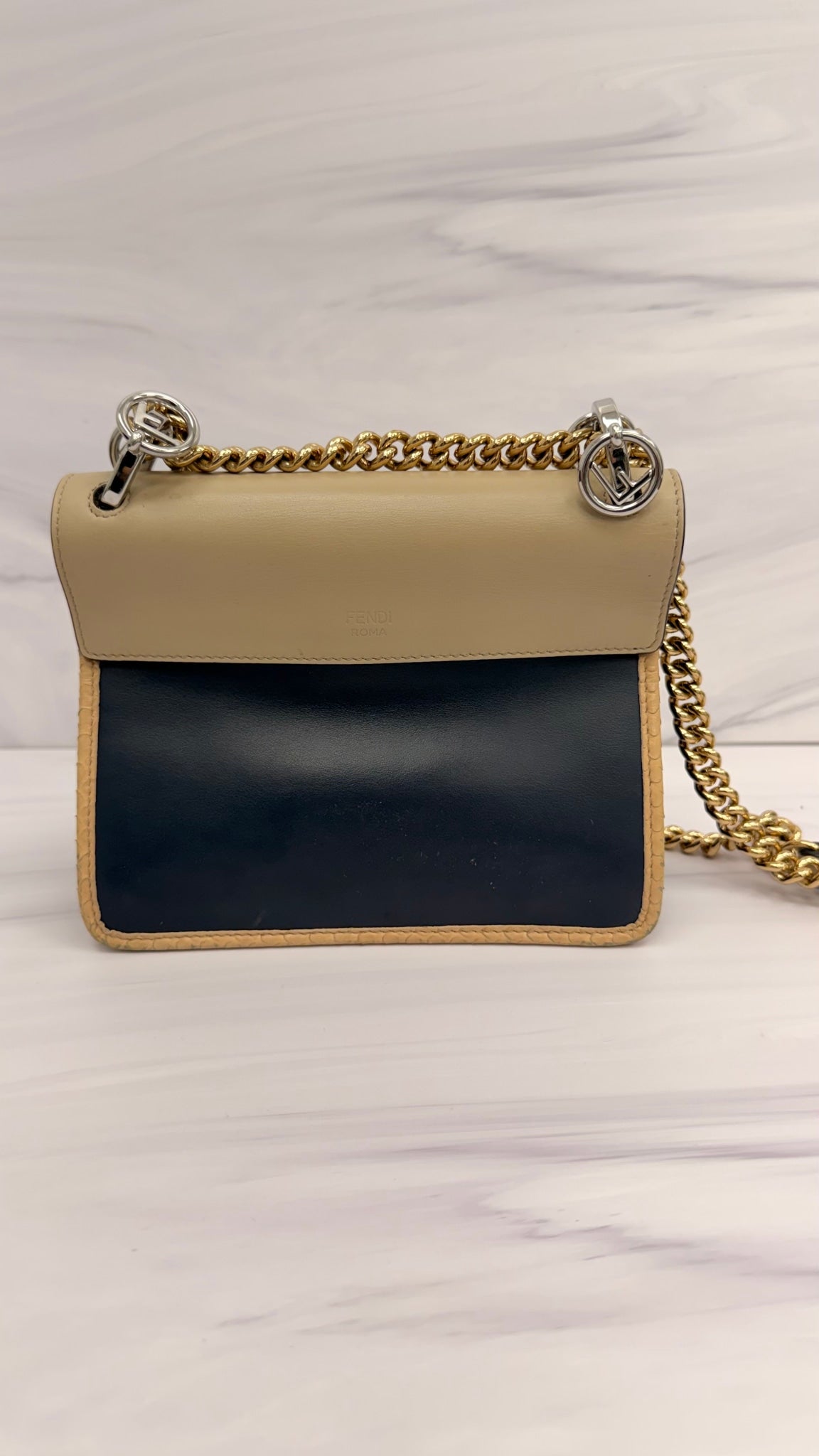 Fendi Navy And Beige Leather Kan I Chain Shoulder Bag 