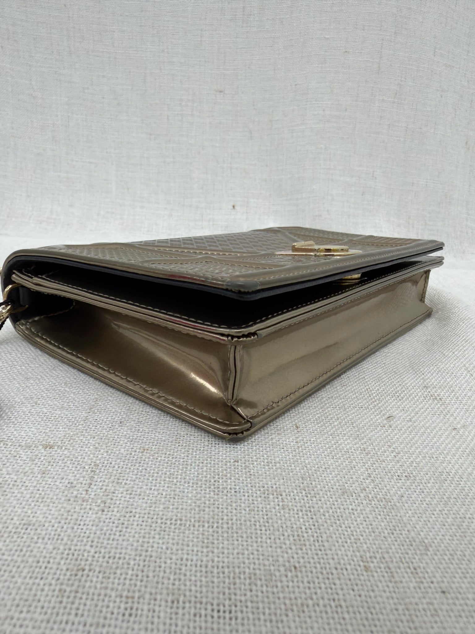 Christian Dior Bronze Patent Leather Microcannage Diorama Wallet on a Chain