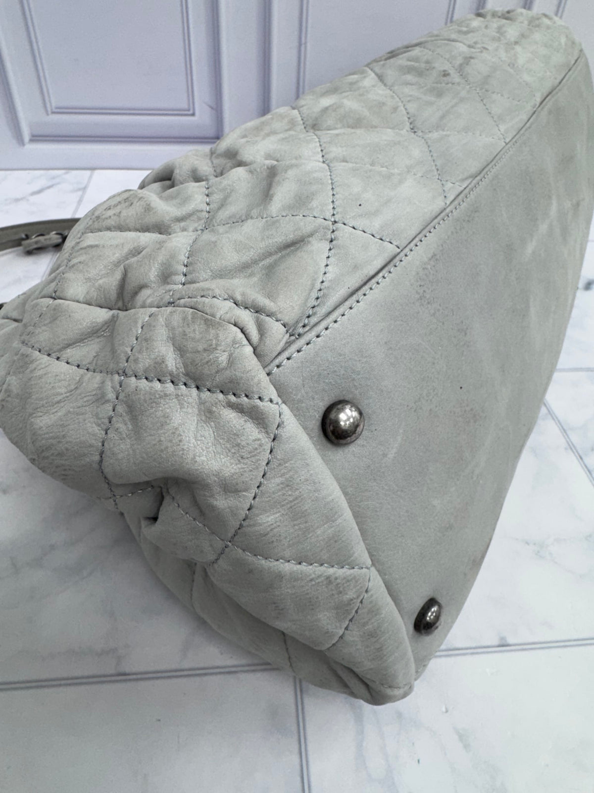 Chanel Gey Quilted Iridescent Calfskin Leather Chic Quilt Large Bowling Bag