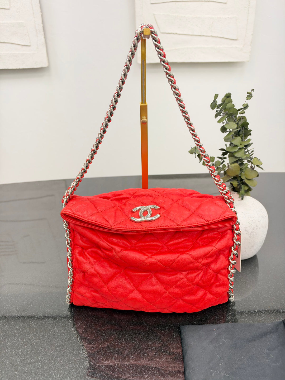 Chanel Red Quilted Washed Lambskin Medium Chain Around Hobo Bag