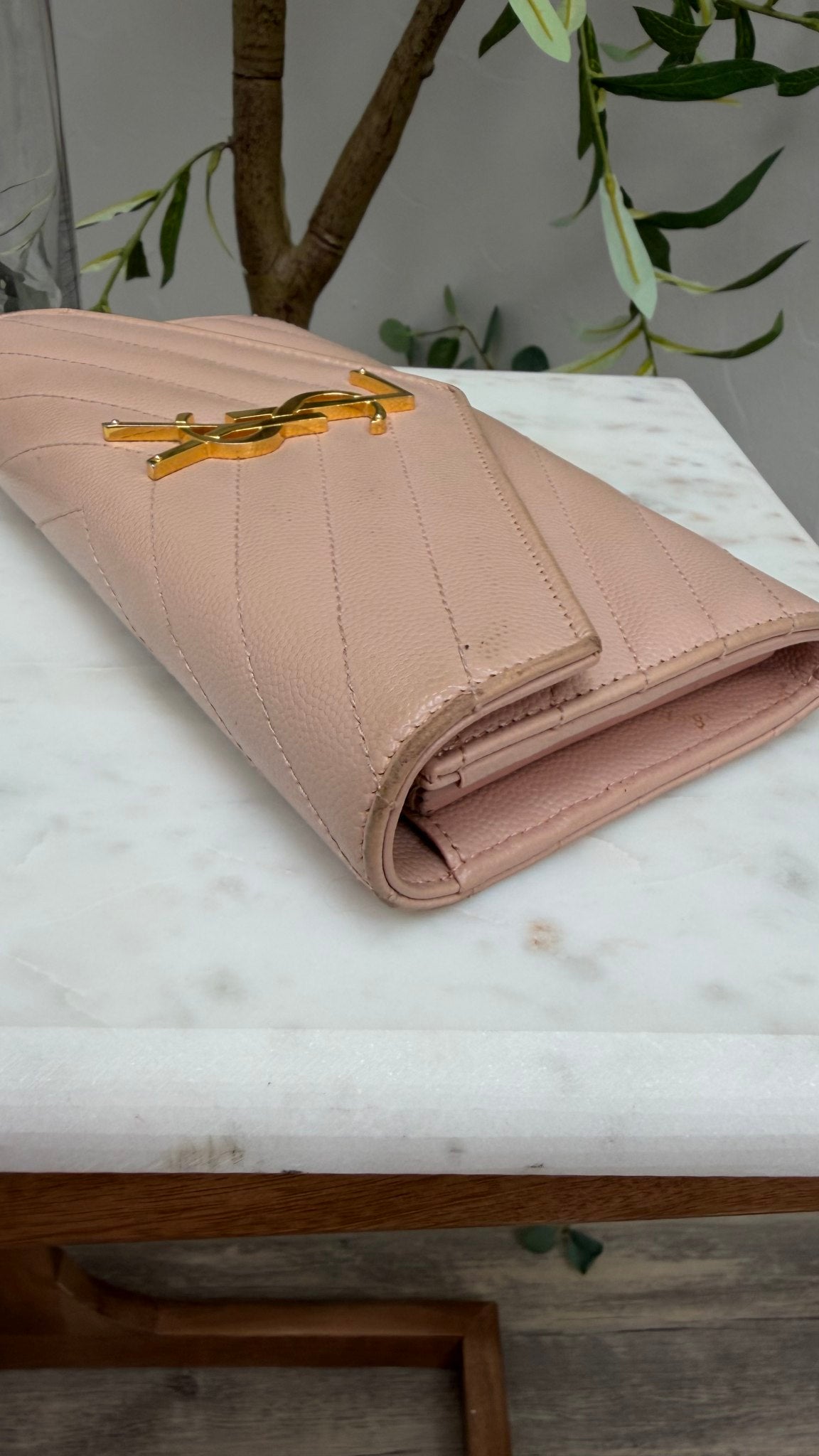 Saint Laurent YSL Dusty Pink Pebbled Leather Cassandre Long Wallet