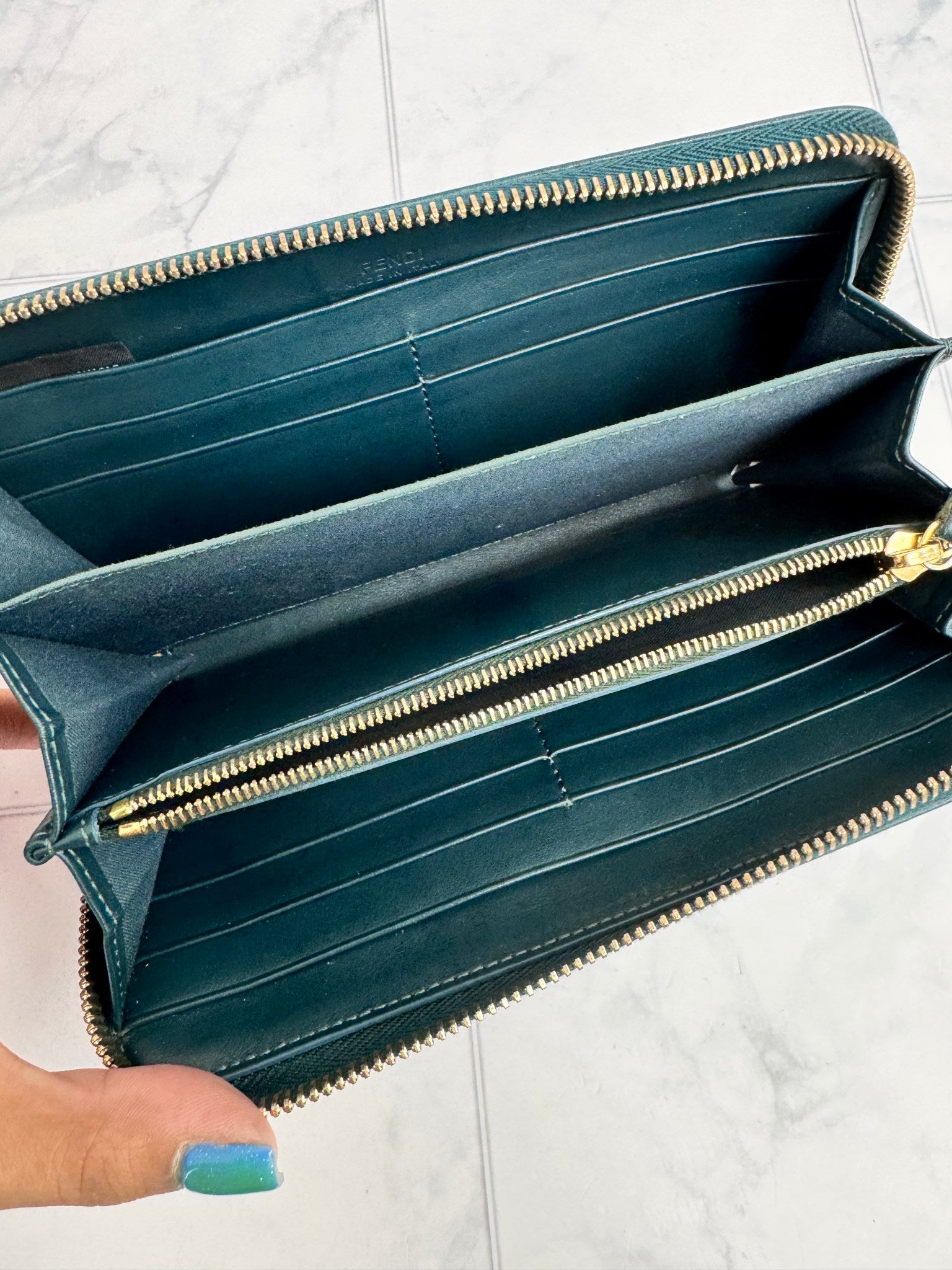 Fendi Green Studded Long Zippy Wallet