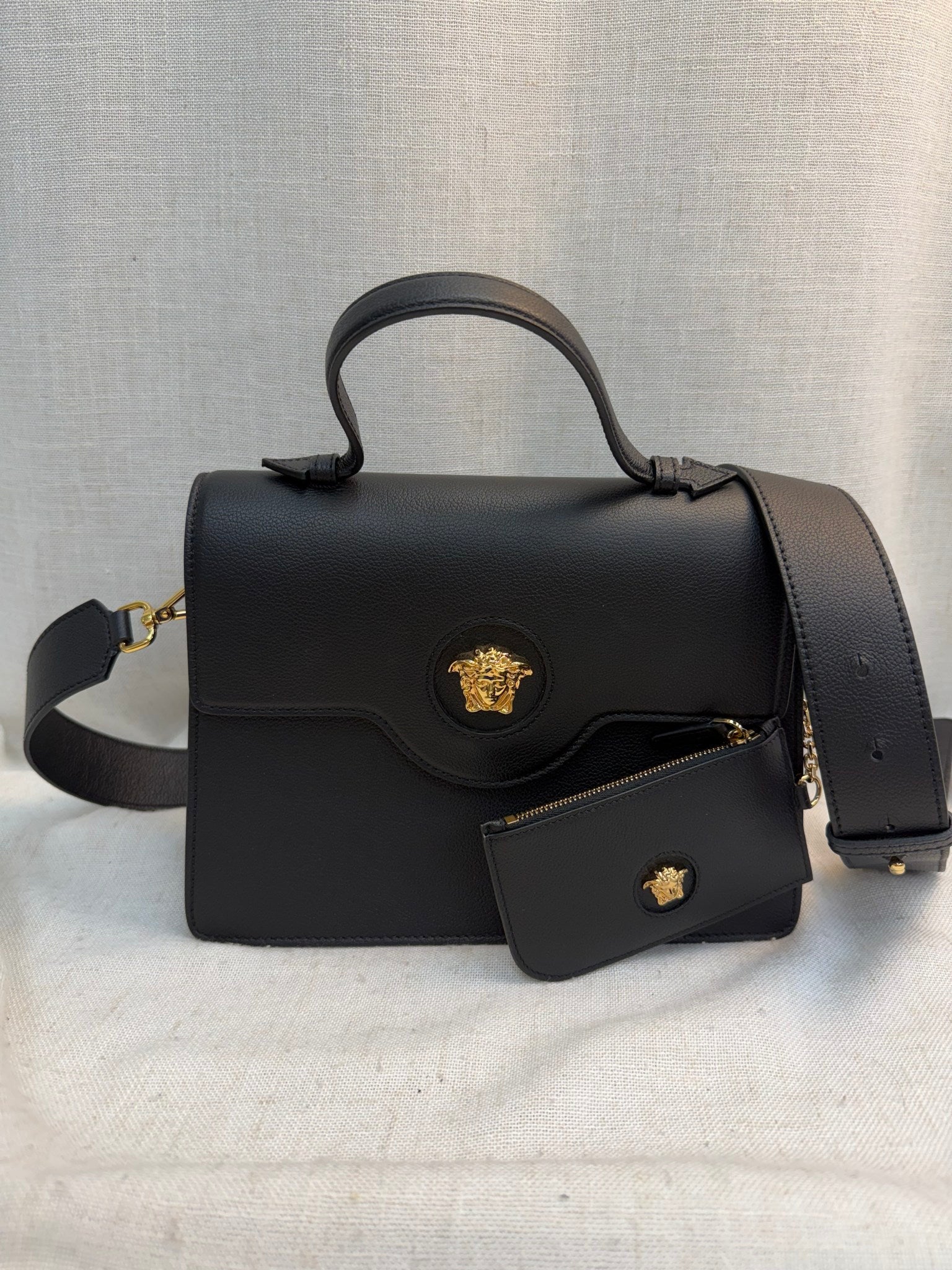Versace Black Leather La Medusa Two Way Bag
