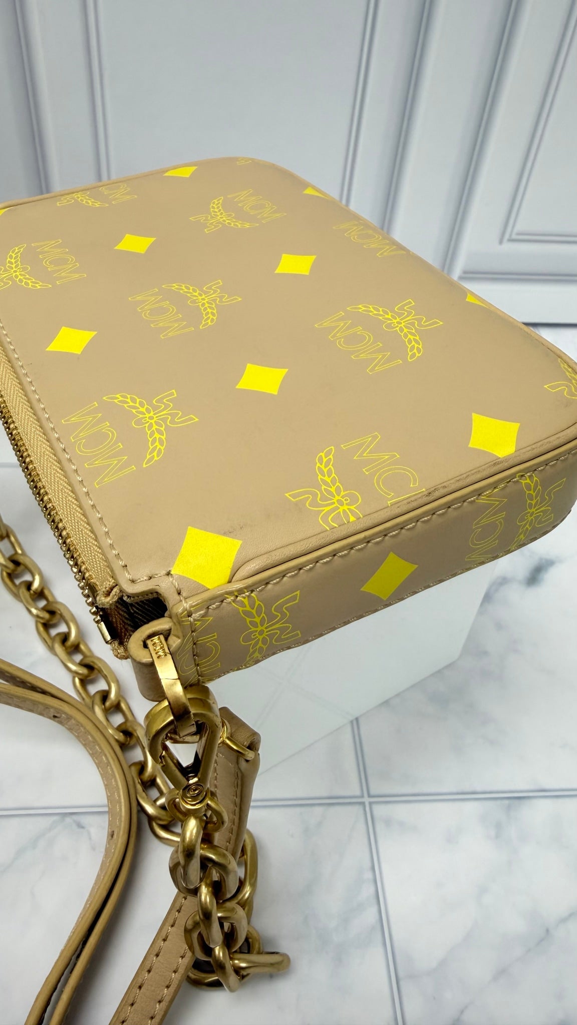 MCM Beige Leather Chain Crossbody Bag