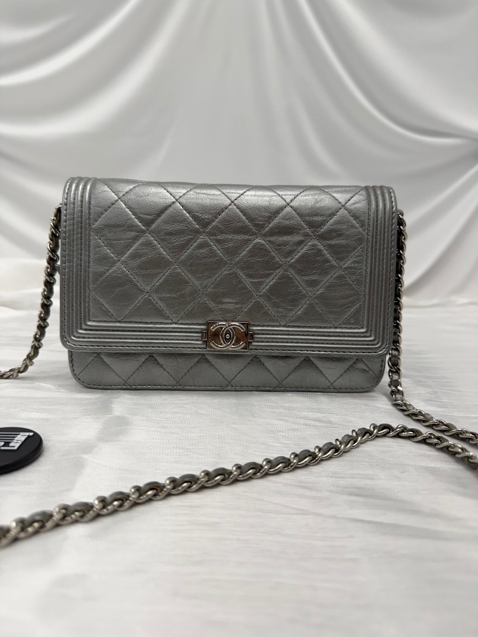 Chanel Silver Quilted Calfskin Boy Wallet on a Chain