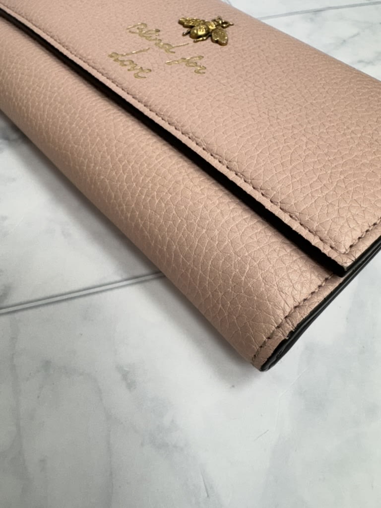 Gucci Light Pink Pebbled Leather Animalier Bee Long Wallet