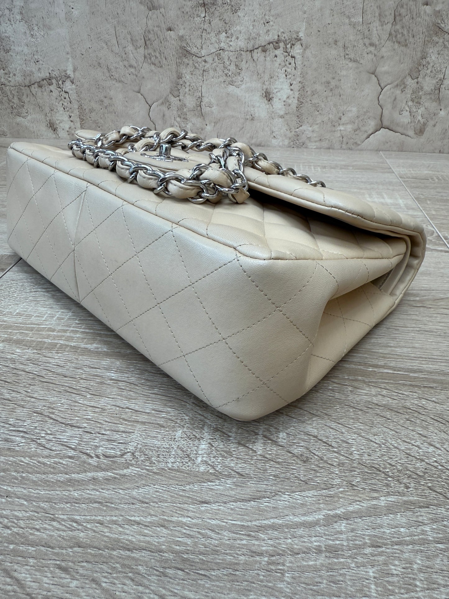 Chanel Beige Quilted Lambskin Jumbo Double Flap Bag