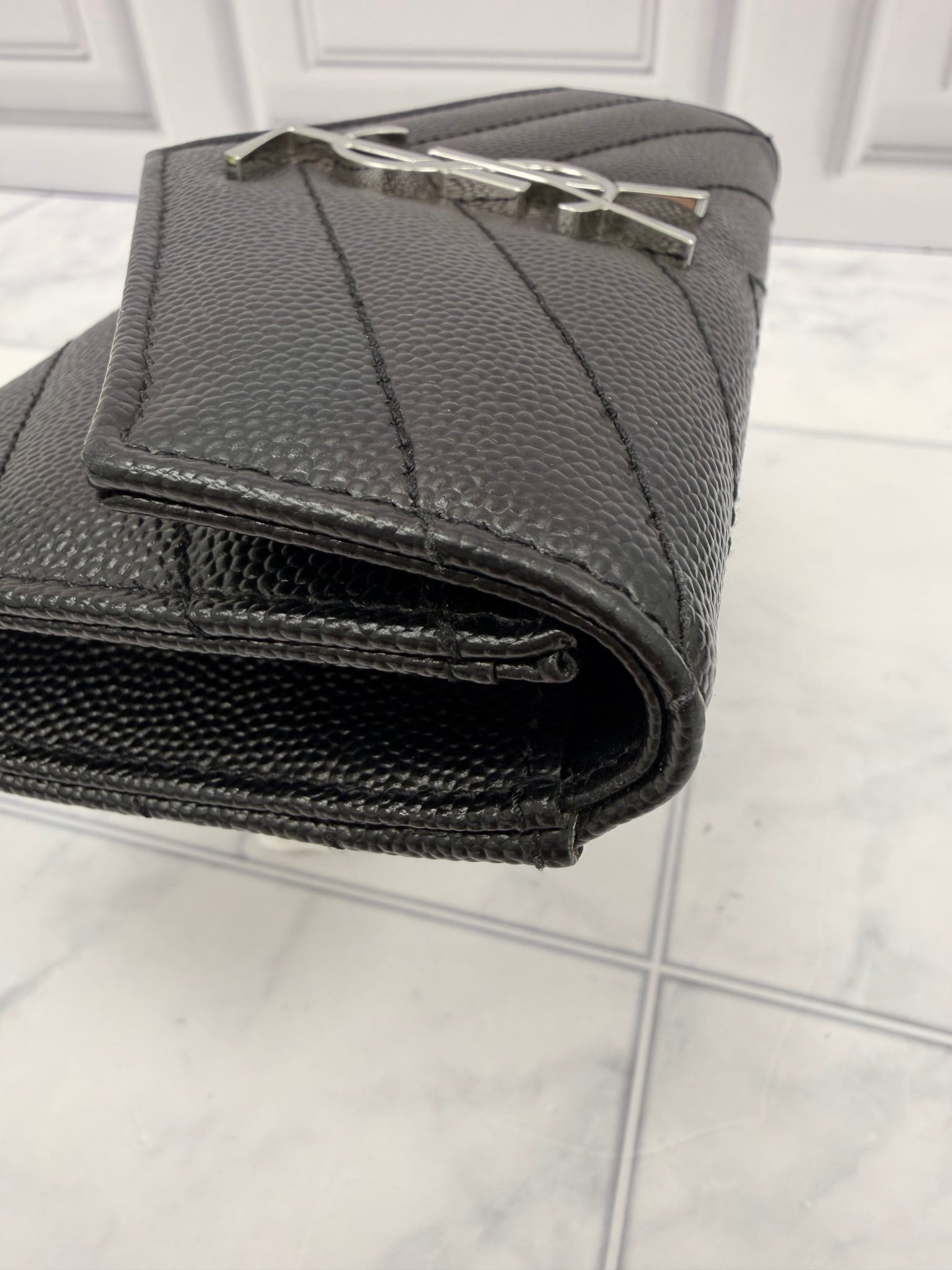 LIKE NEW - Saint Laurent YSL Black Grained Leather Cassandre Matelasse Small Envelope Wallet 