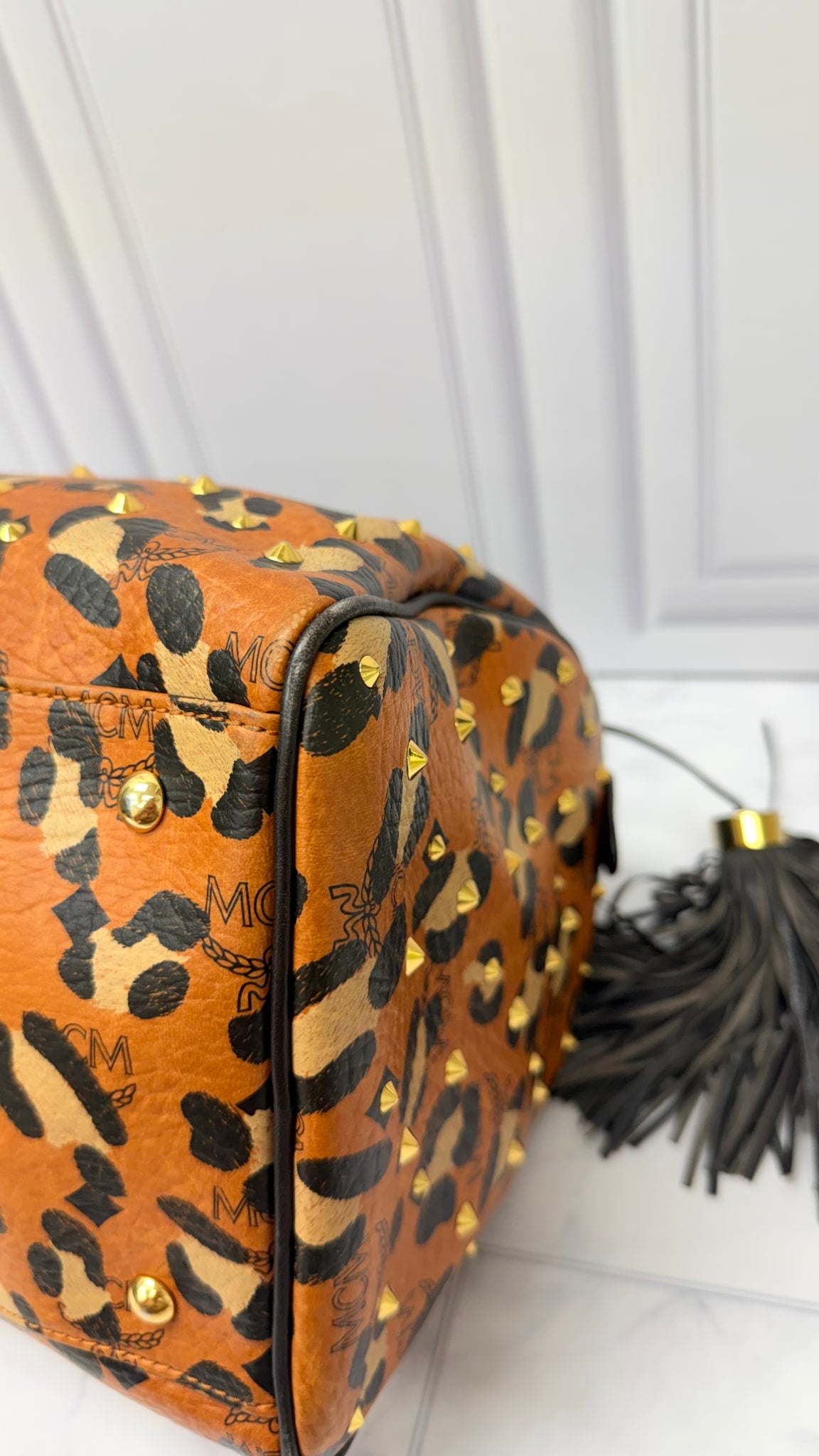 MCM Brown And Black Visetos Leopard Print Boston Bag