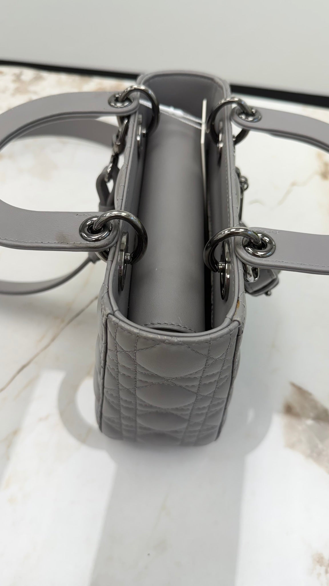 Christian Dior  Matte Grey Cannage Leather Small Lady Dior & Twilly