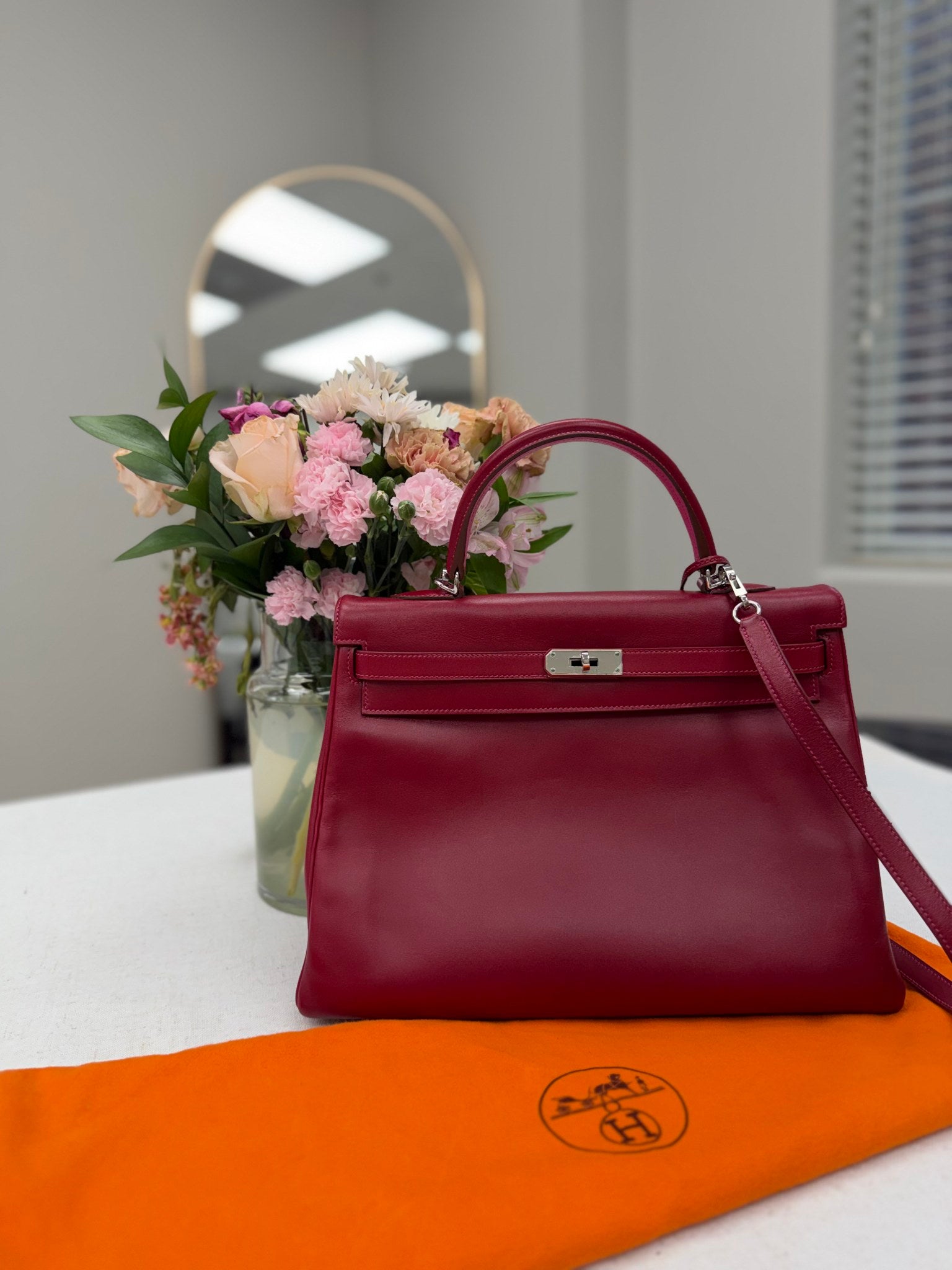 Hermes Red Tadelakt Leather Kelly 35 Handbag 