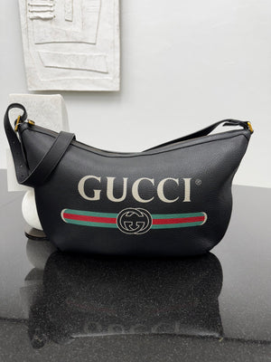 LIKE NEW - Gucci Black Grained Leather Half Moon Hobo Bag