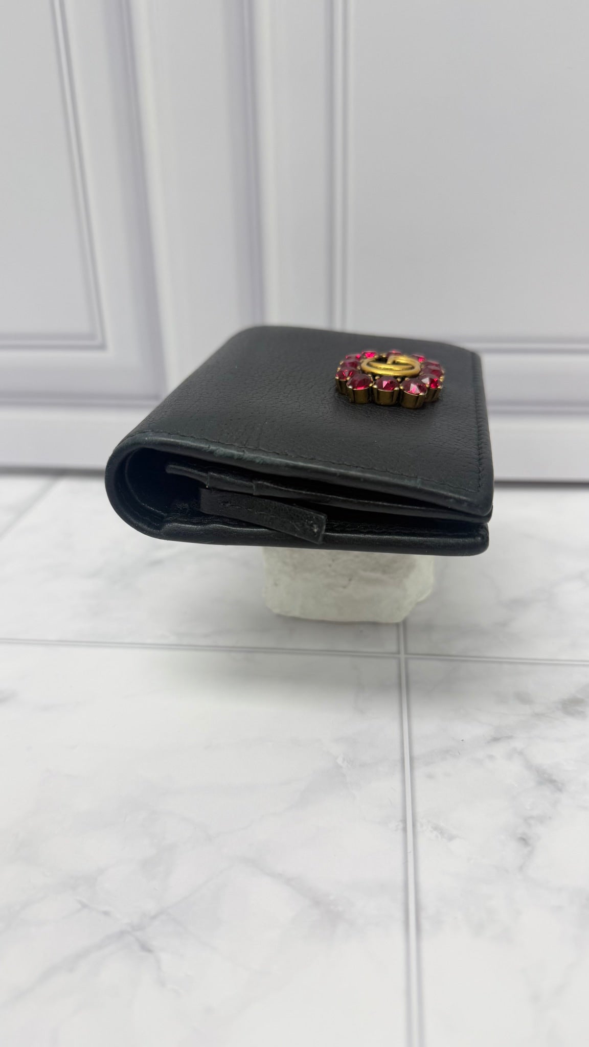 Gucci Black Leather Rhinestone Compact Wallet 